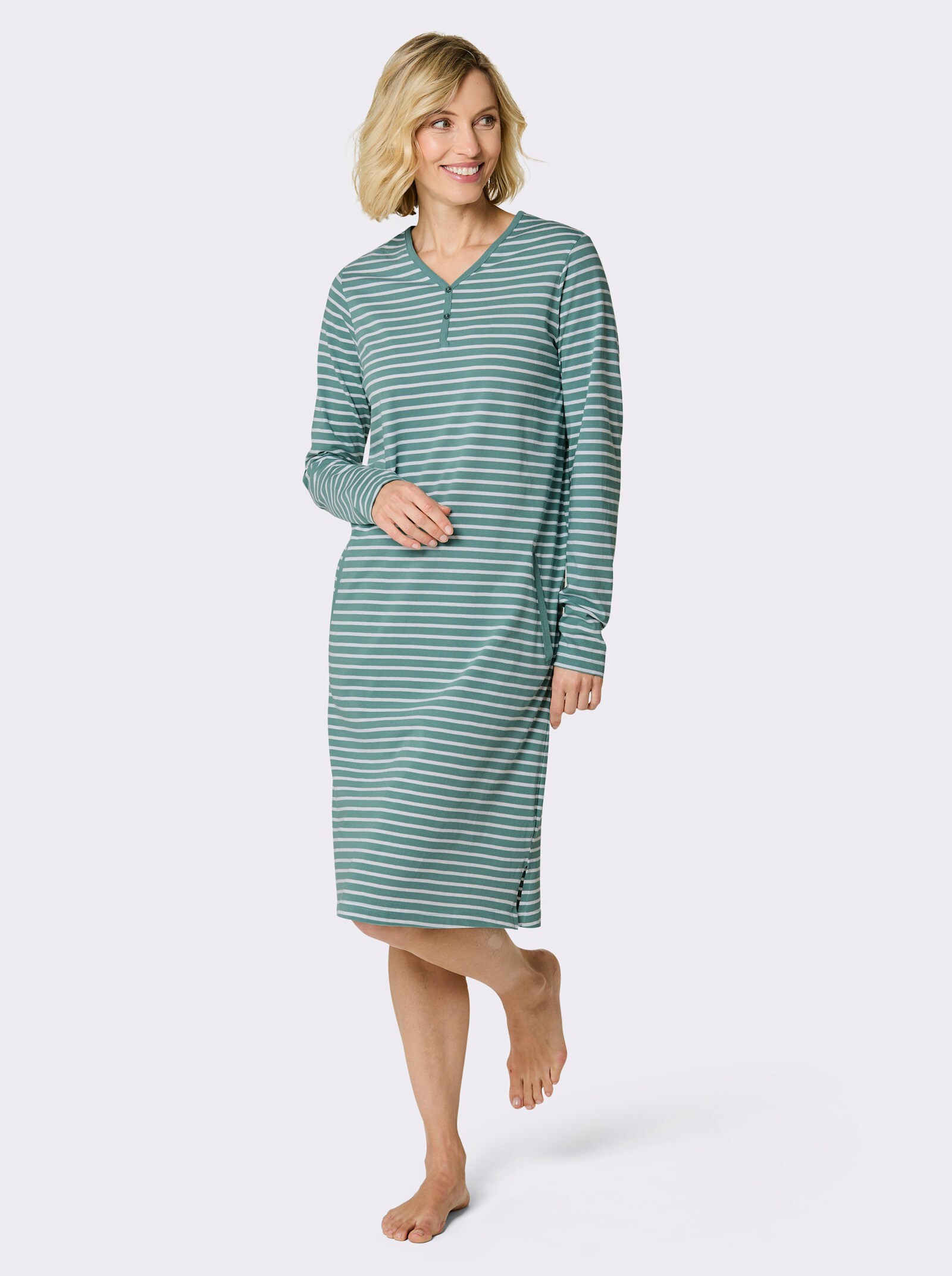 wäschepur Sleepshirt mit 2 Taschen - salbei-weiß-geringelt