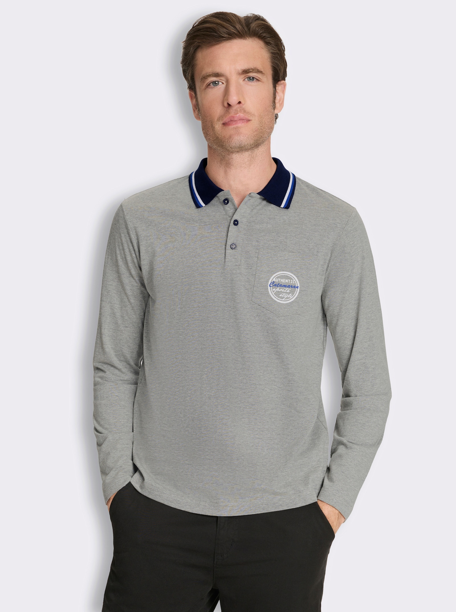 Langarm-Poloshirt mit Brusttasche - grau-meliert