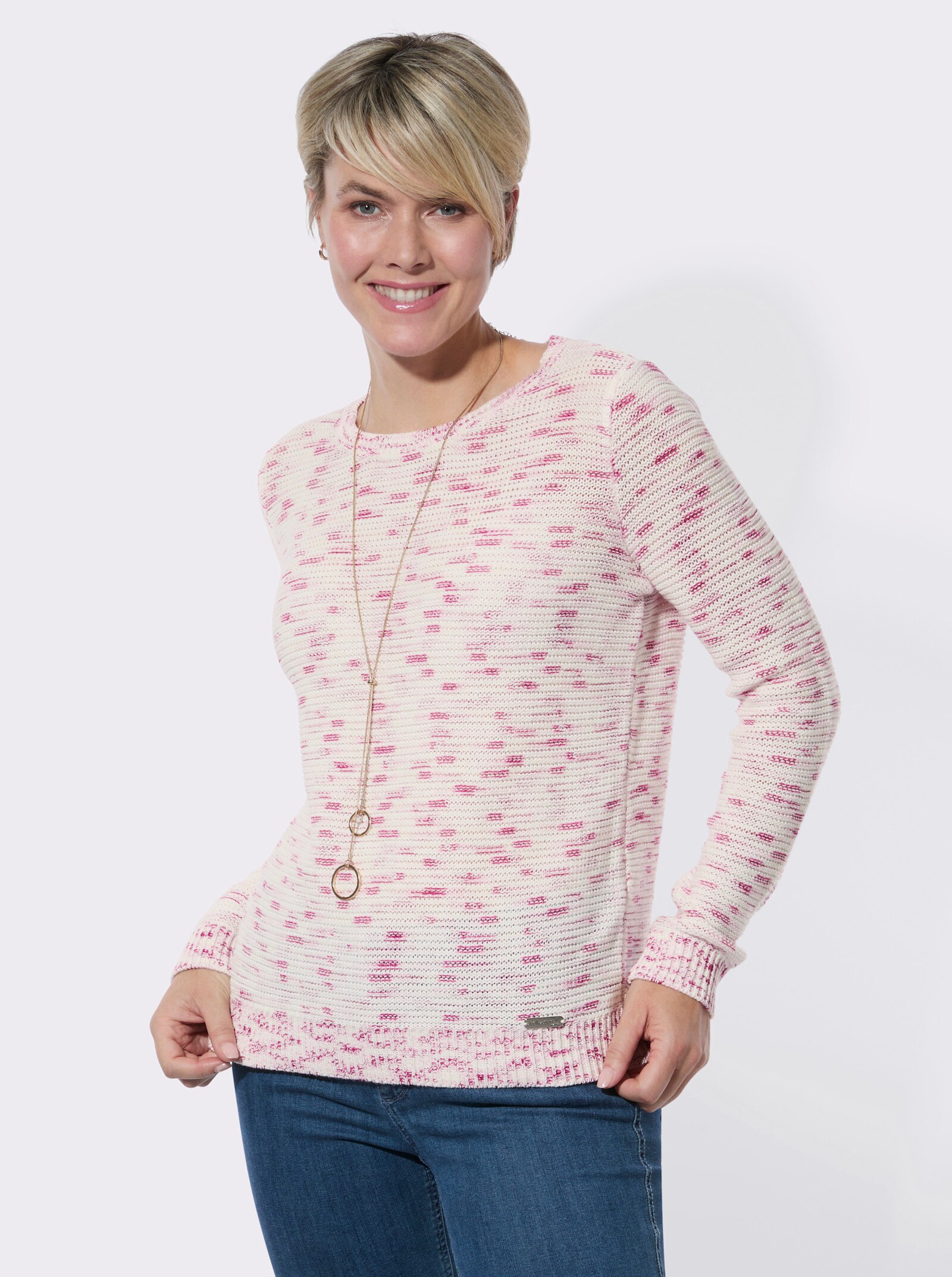 Rundhalspullover in Melange-Optik - erika-hellrosé-gemustert