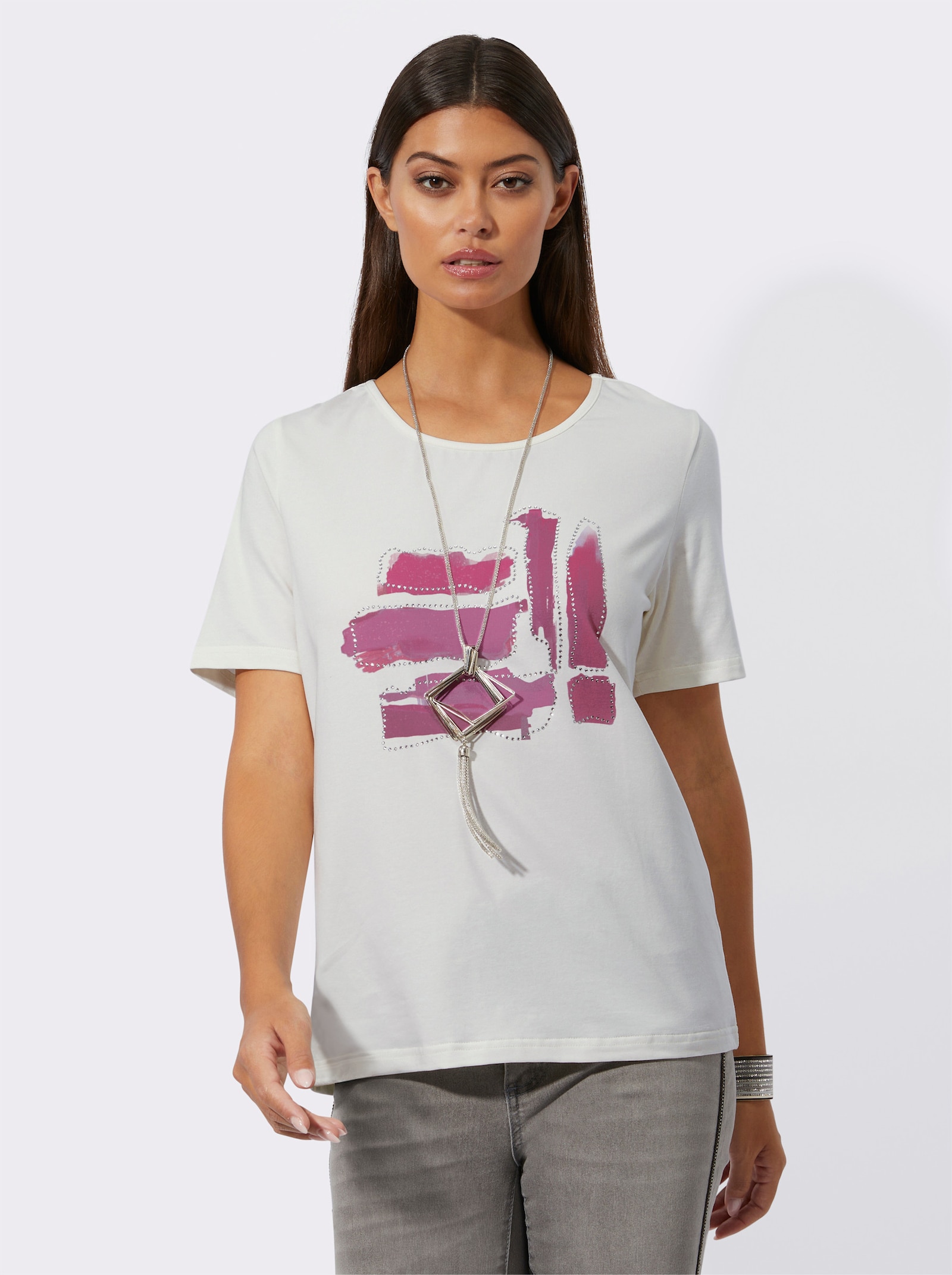 Kurzarmshirt mit Glitzersteinchen - ecru-fuchsia-bedruckt