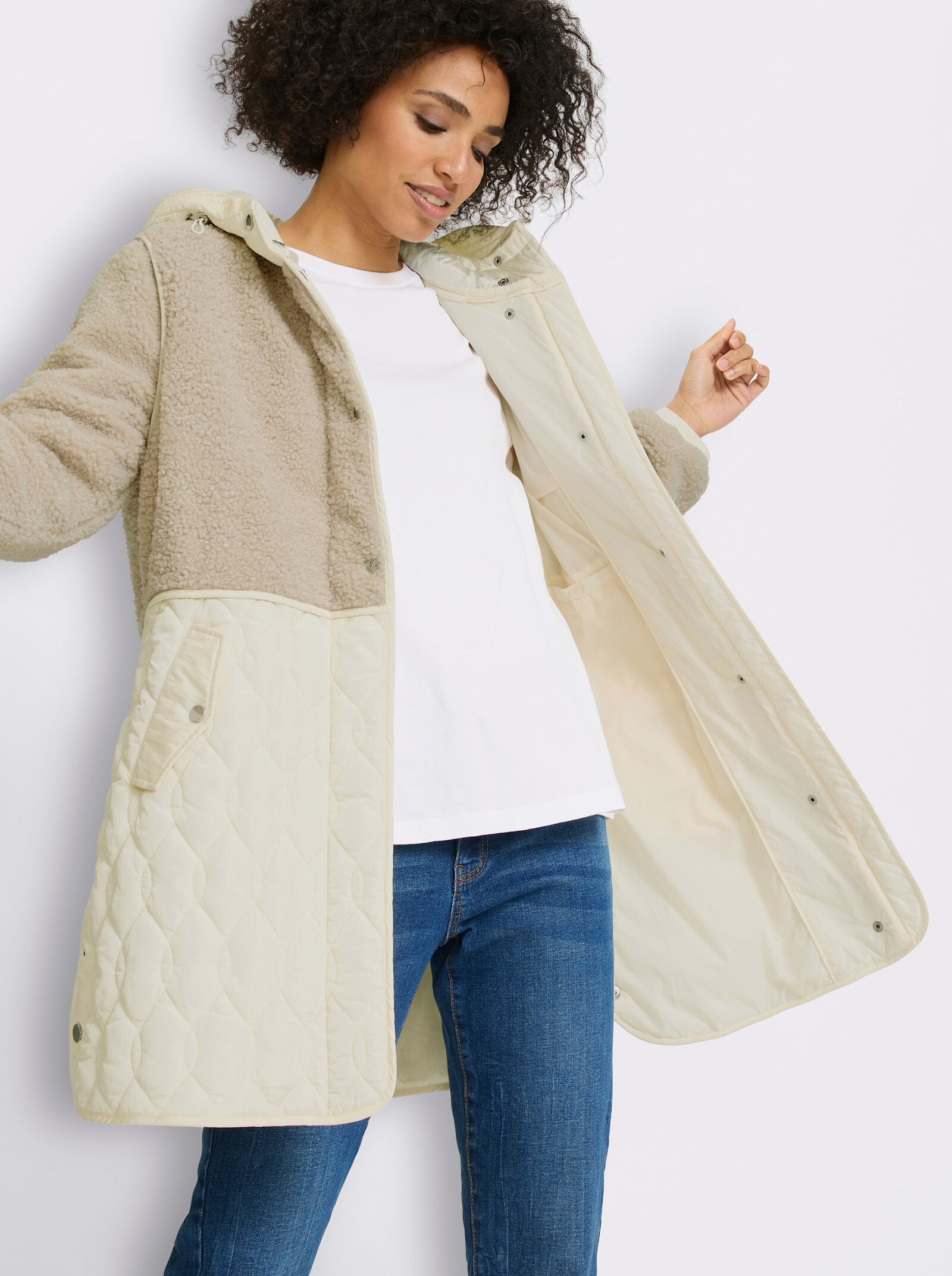 heine Longjacke Materialmix aus Teddy und Stepp - champagner