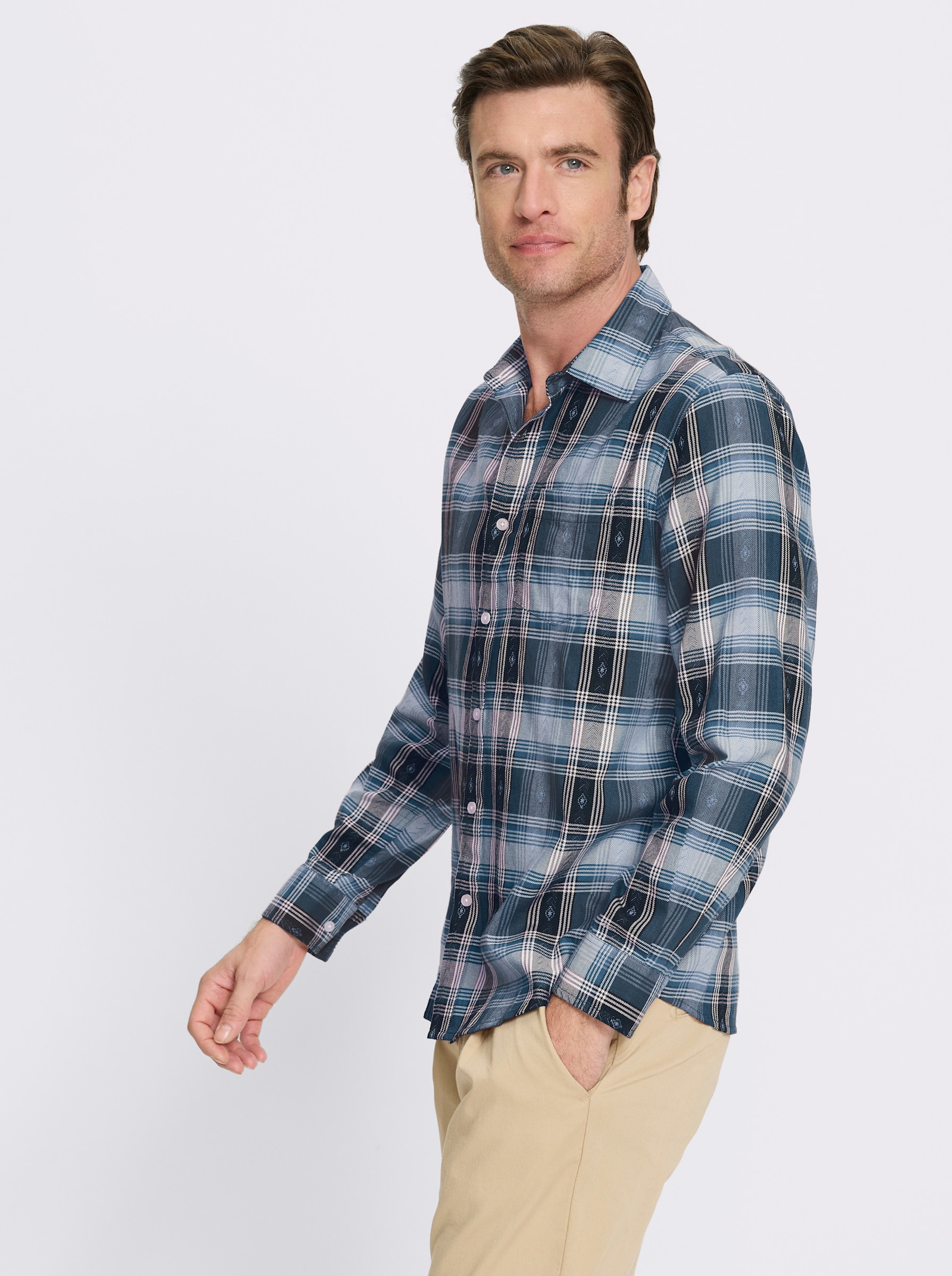 Catamaran Langarmhemd mit Tracht-Elementen - rauchblau-kariert