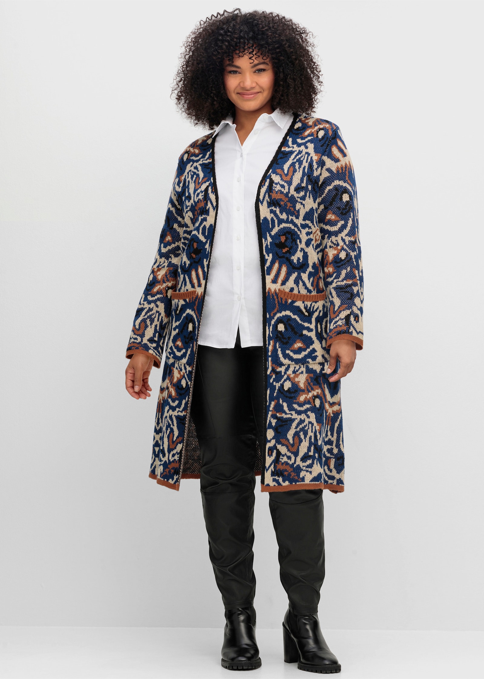 sheego by Joe Browns Gebreide mantel met jacquardpatroon - nachtblauw gedessineerd