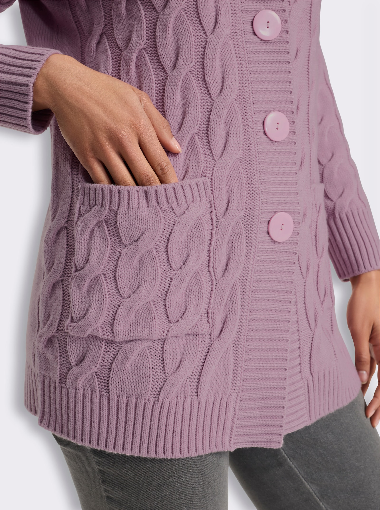 Longstrickjacke mit Zopfmuster - mauve