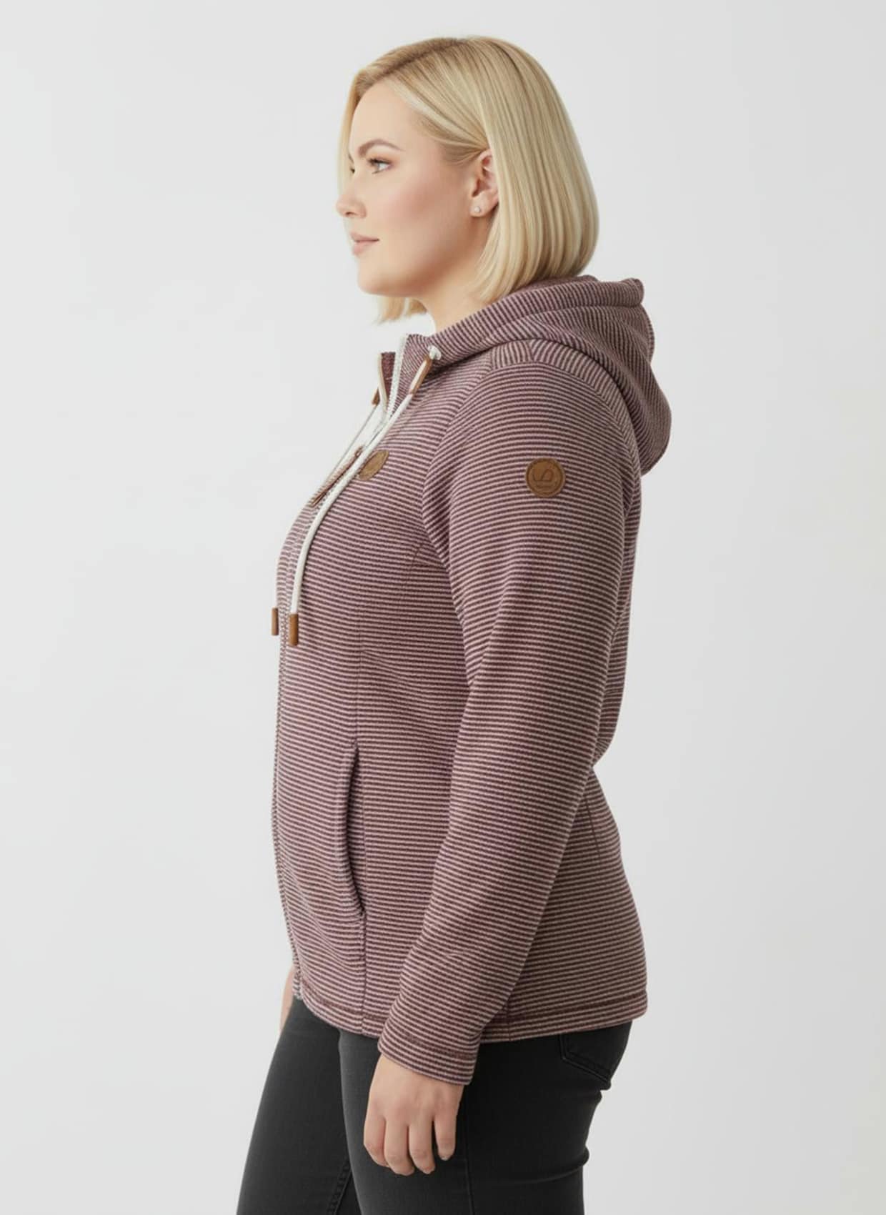 Fleecejacke mit Nahttaschen - rotbraun-ecru-geringelt