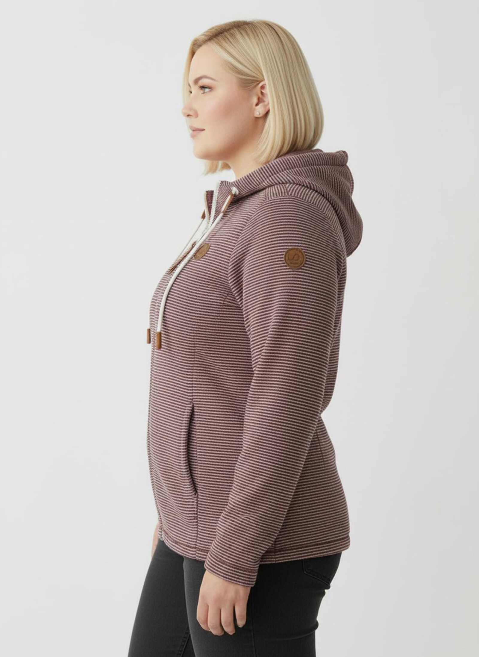 Fleecejacke mit Nahttaschen - rotbraun-ecru-geringelt