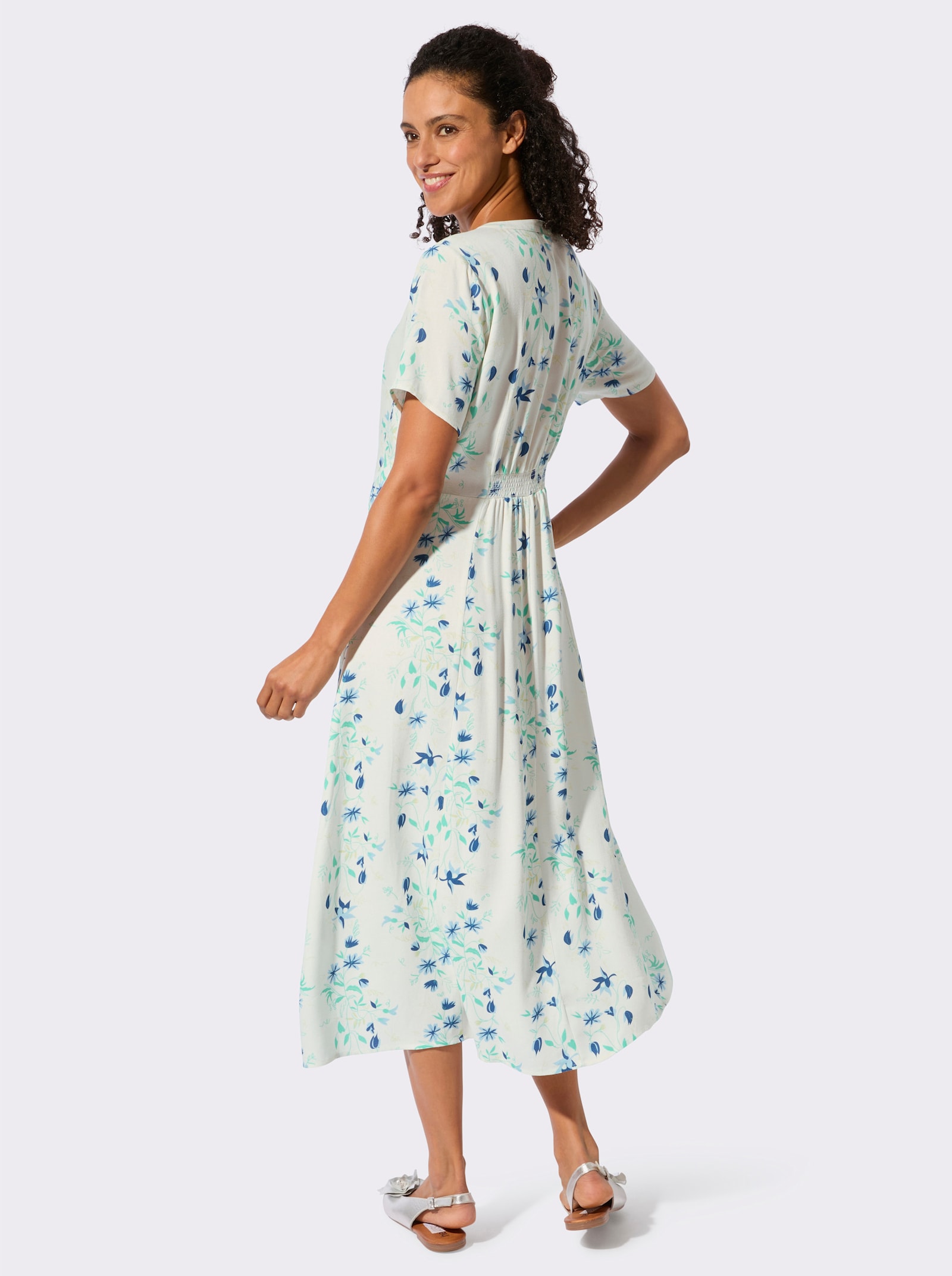Webkleid in Bahnenform - ecru-blaugrün-bedruckt
