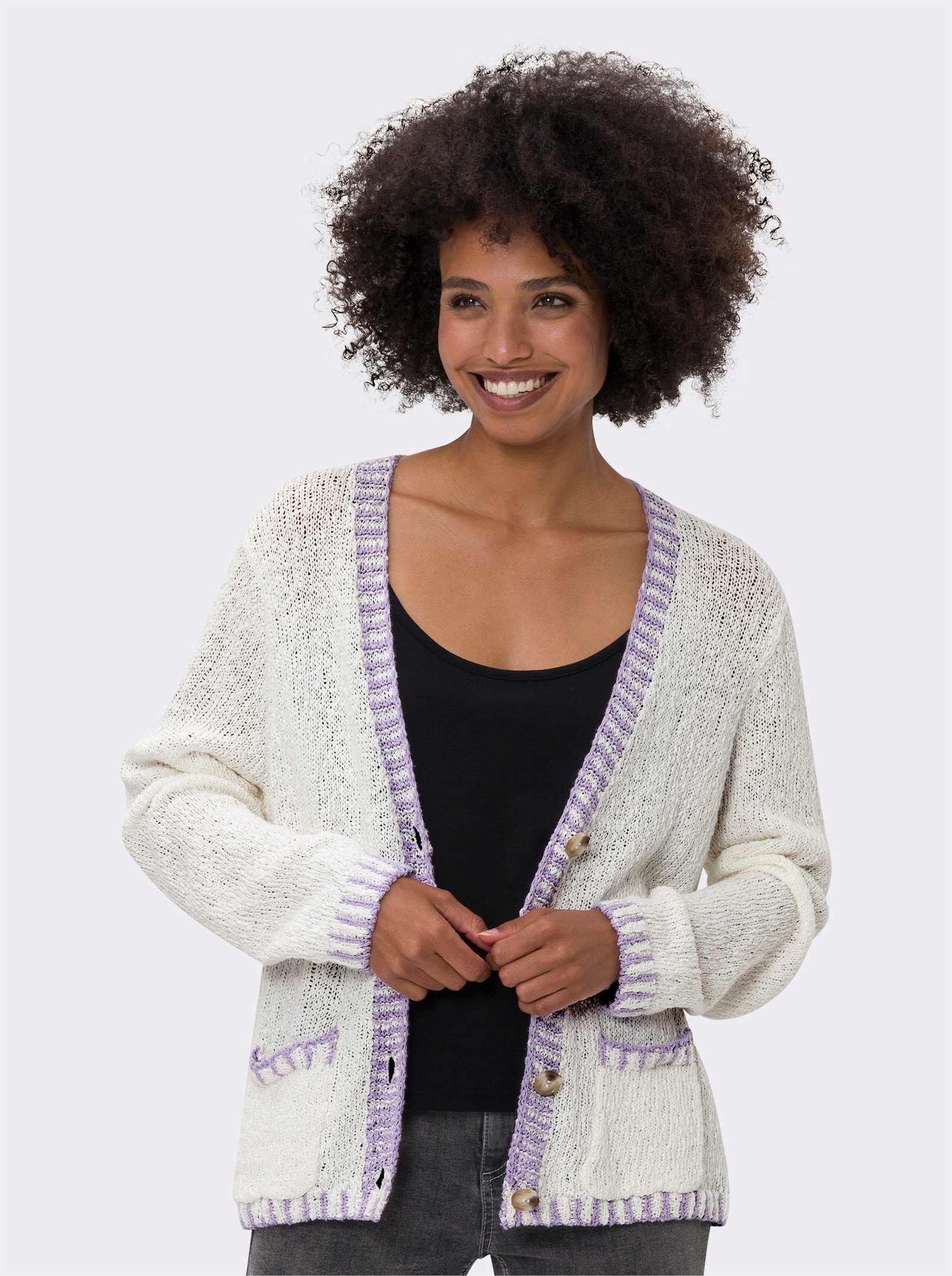 heine Cardigan aus Baumwoll-Strick - ecru-flieder