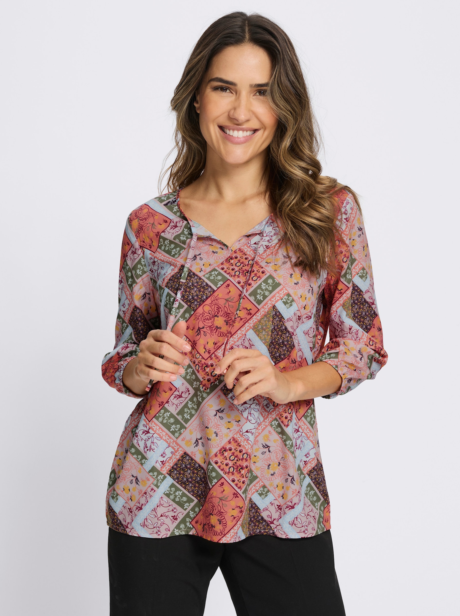 Druckbluse mit Patchwork-Muster - papaya-khaki-bedruckt