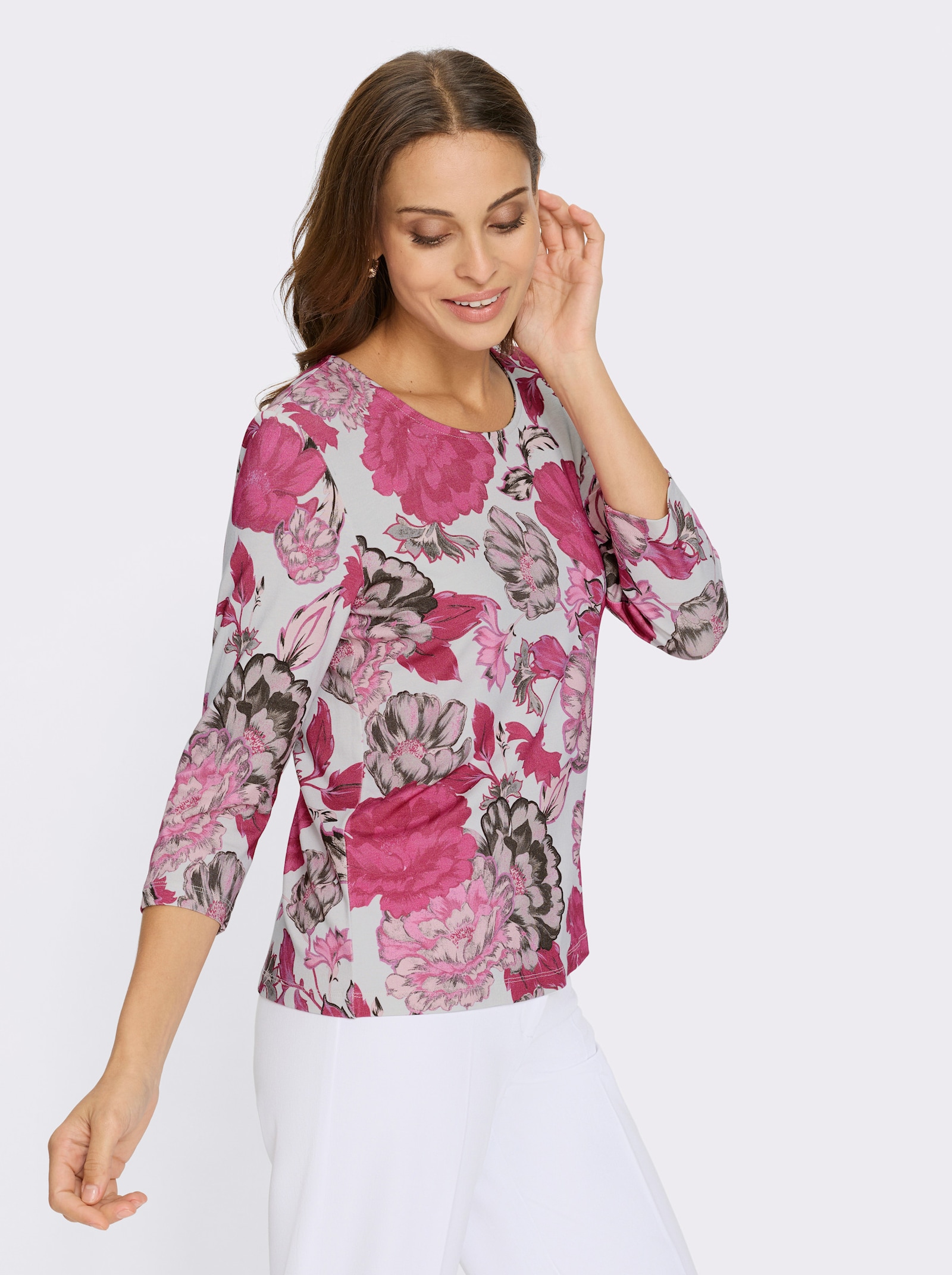 Rundhalsshirt mit Viskose - ecru-fuchsia-bedruckt