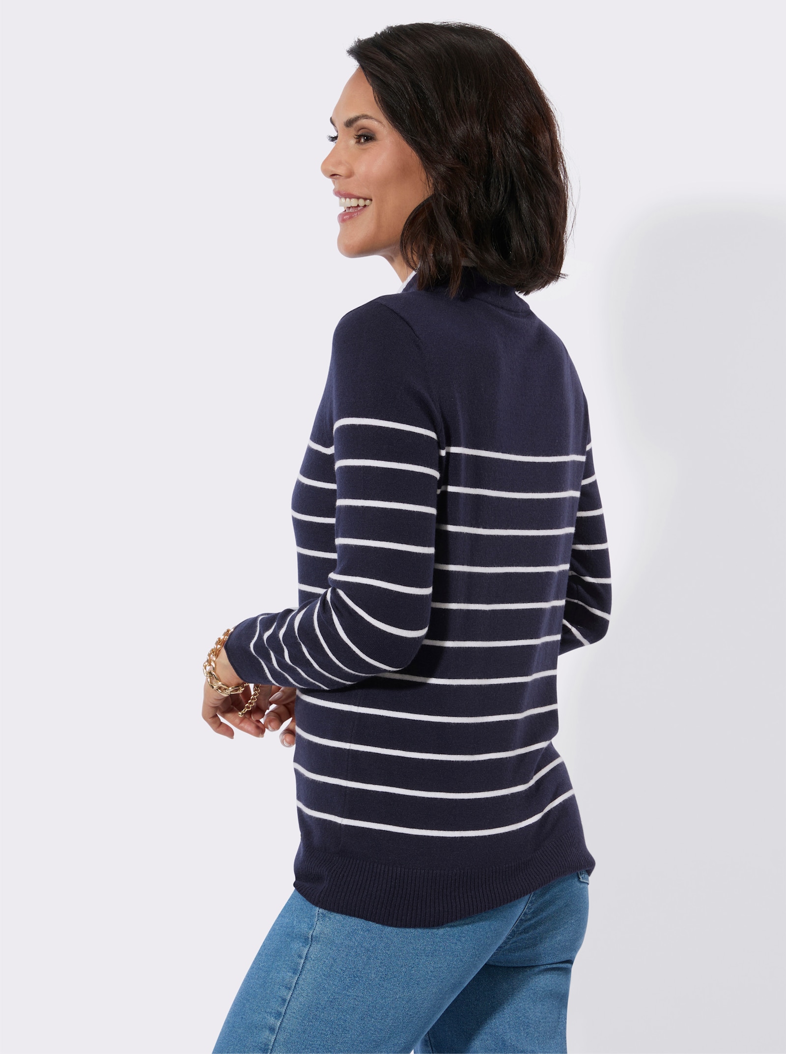 Stehkragenpullover mit sportiven Details - marine-ecru-geringelt