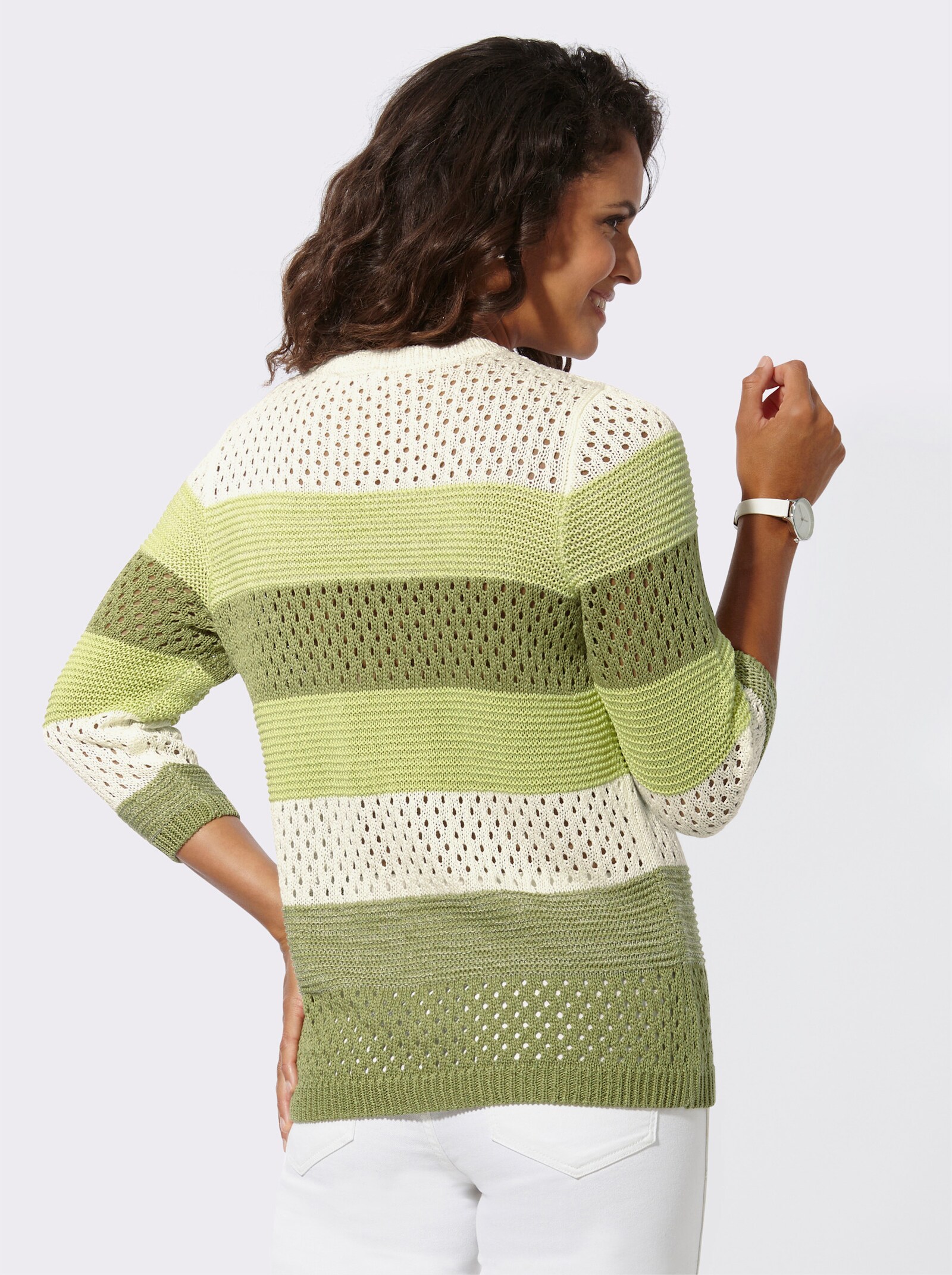 Ajourpullover aus Bändchengarn - schilf-ecru-geringelt