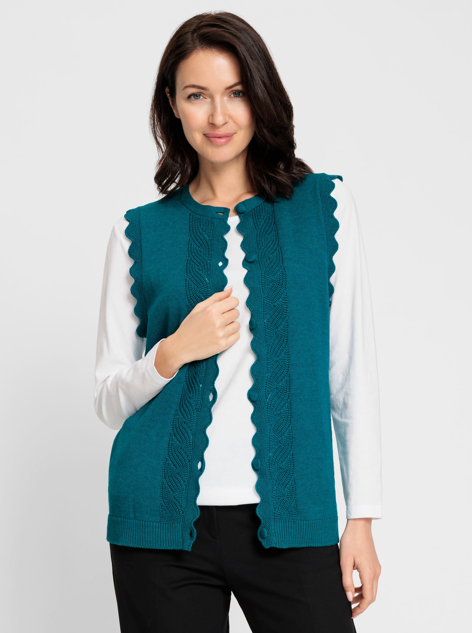 Strickweste mit stricküberzogenen Knöpfen - aquapetrol-meliert