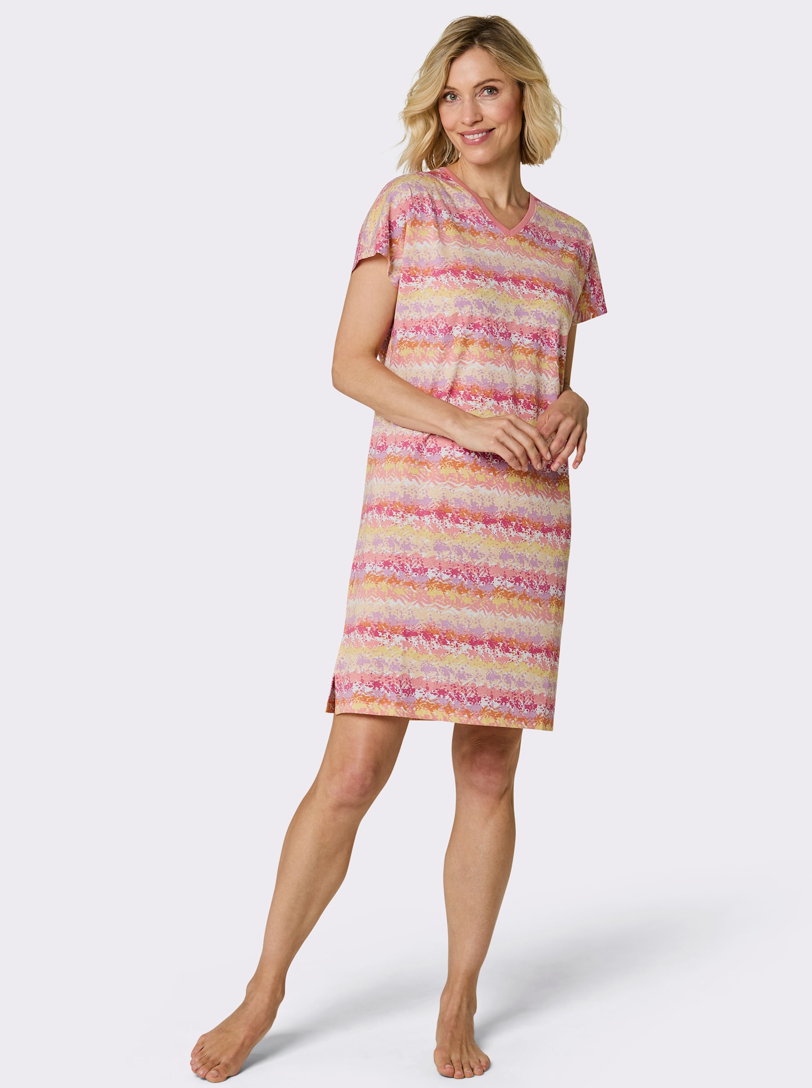 wäschepur Kurzarm-Sleepshirt mit überschnittenen Schultern - weiß-flamingo-bedruckt
