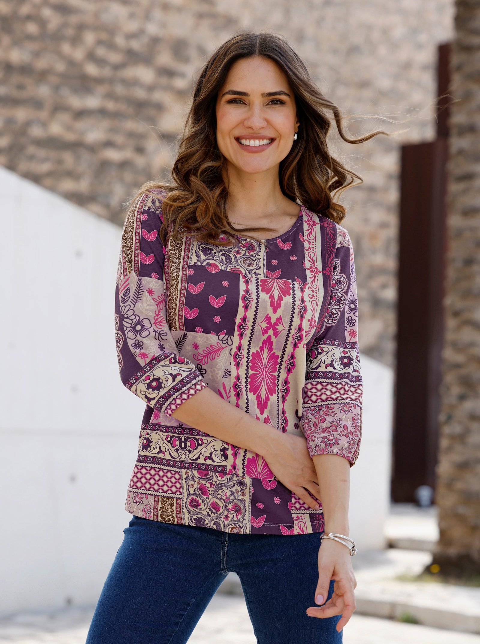 3/4-Arm-Shirt in Patchwork-Optik - traube-champagner-bedruckt