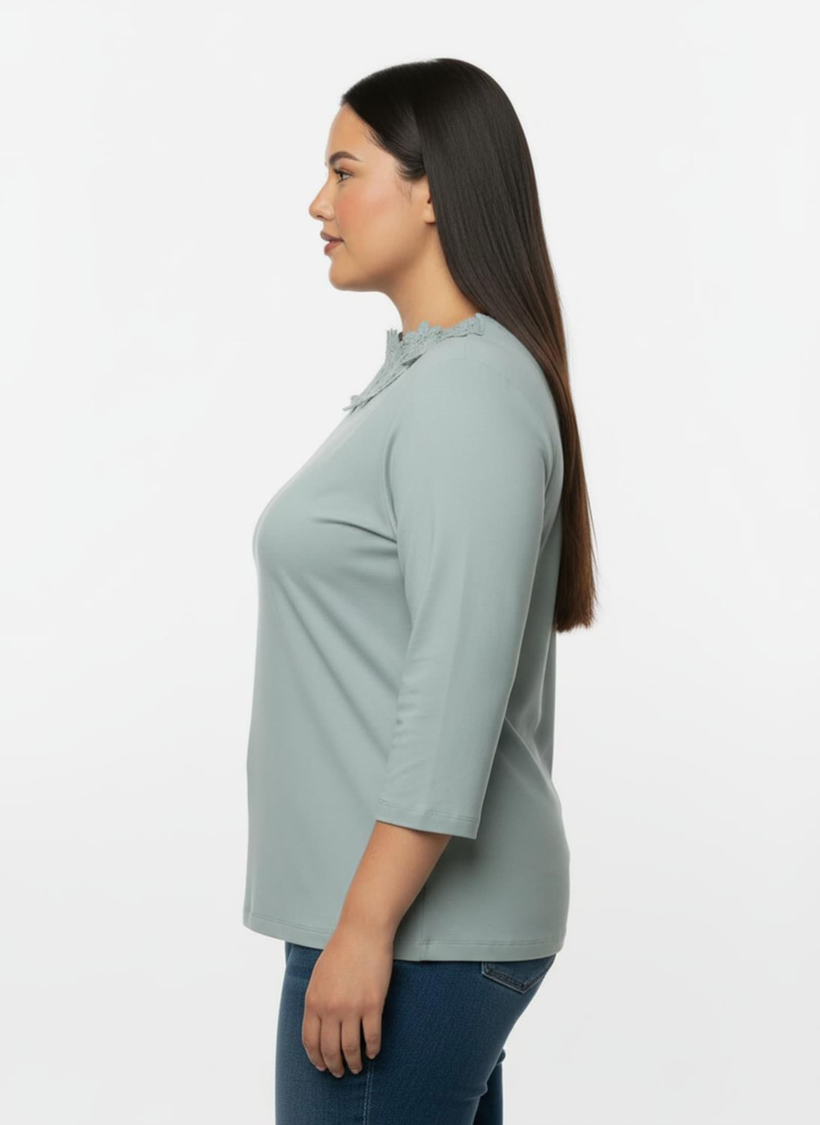 3/4-Arm-Shirt mit transparenter Blüten-Spitze - kalkmint