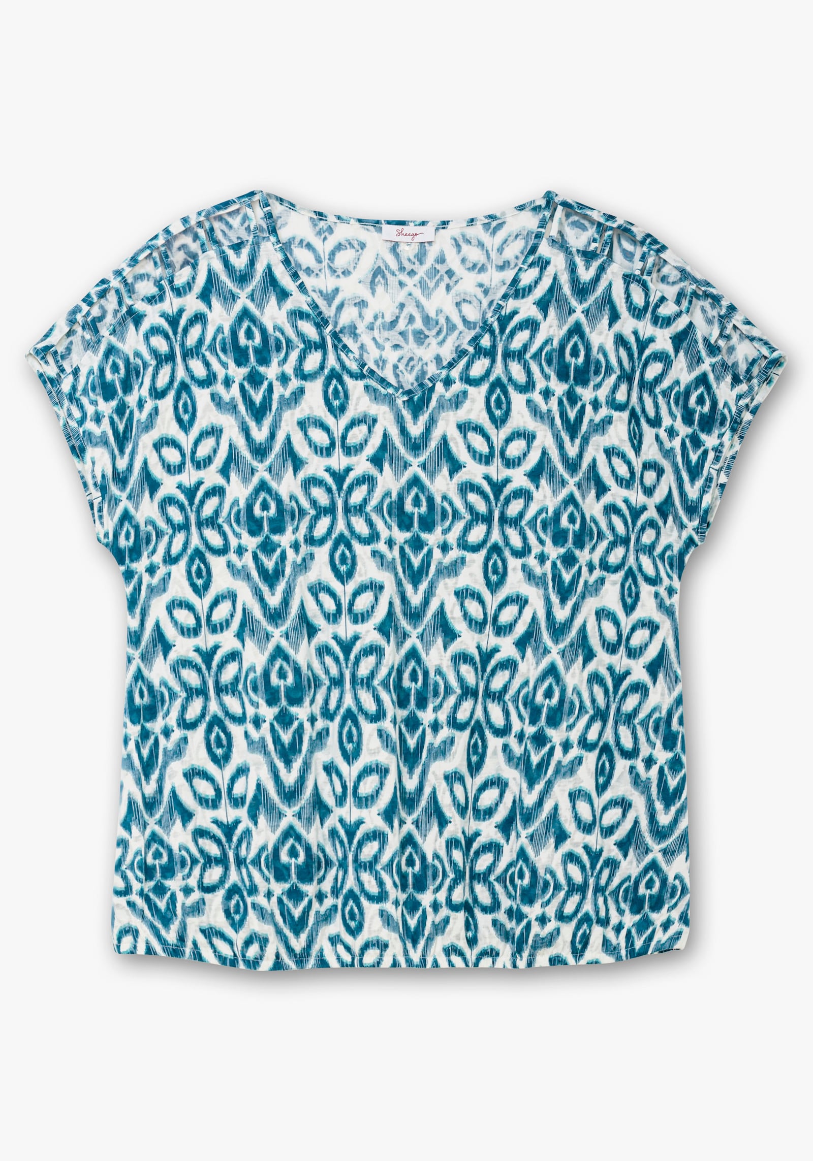 sheego Shirt mit Ausbrennerprint und geschlitzten Ärmeln - dunkelpetrol-gemustert