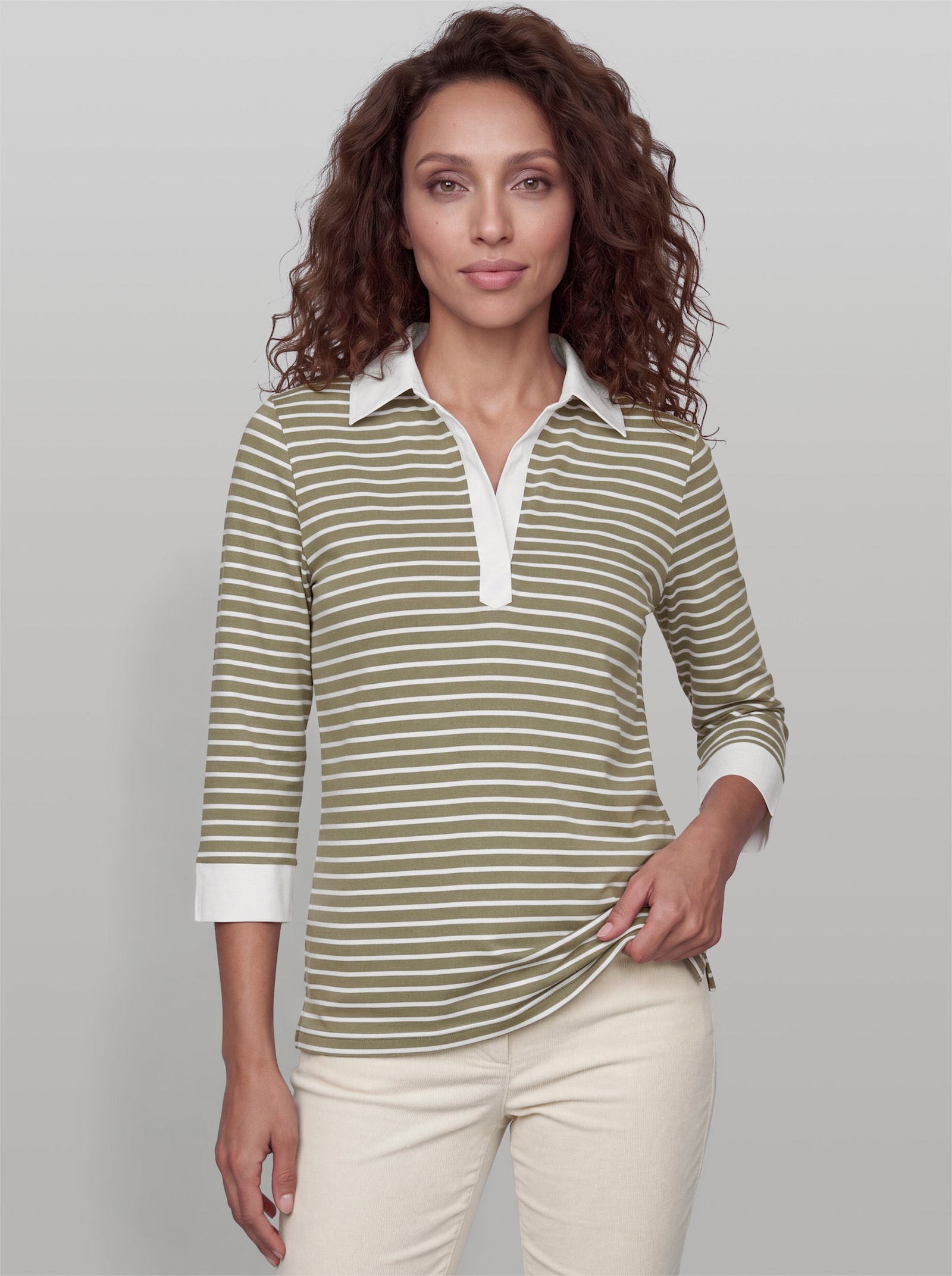 heine Poloshirt in 2-in-1-Optik - khaki-weiß-geringelt
