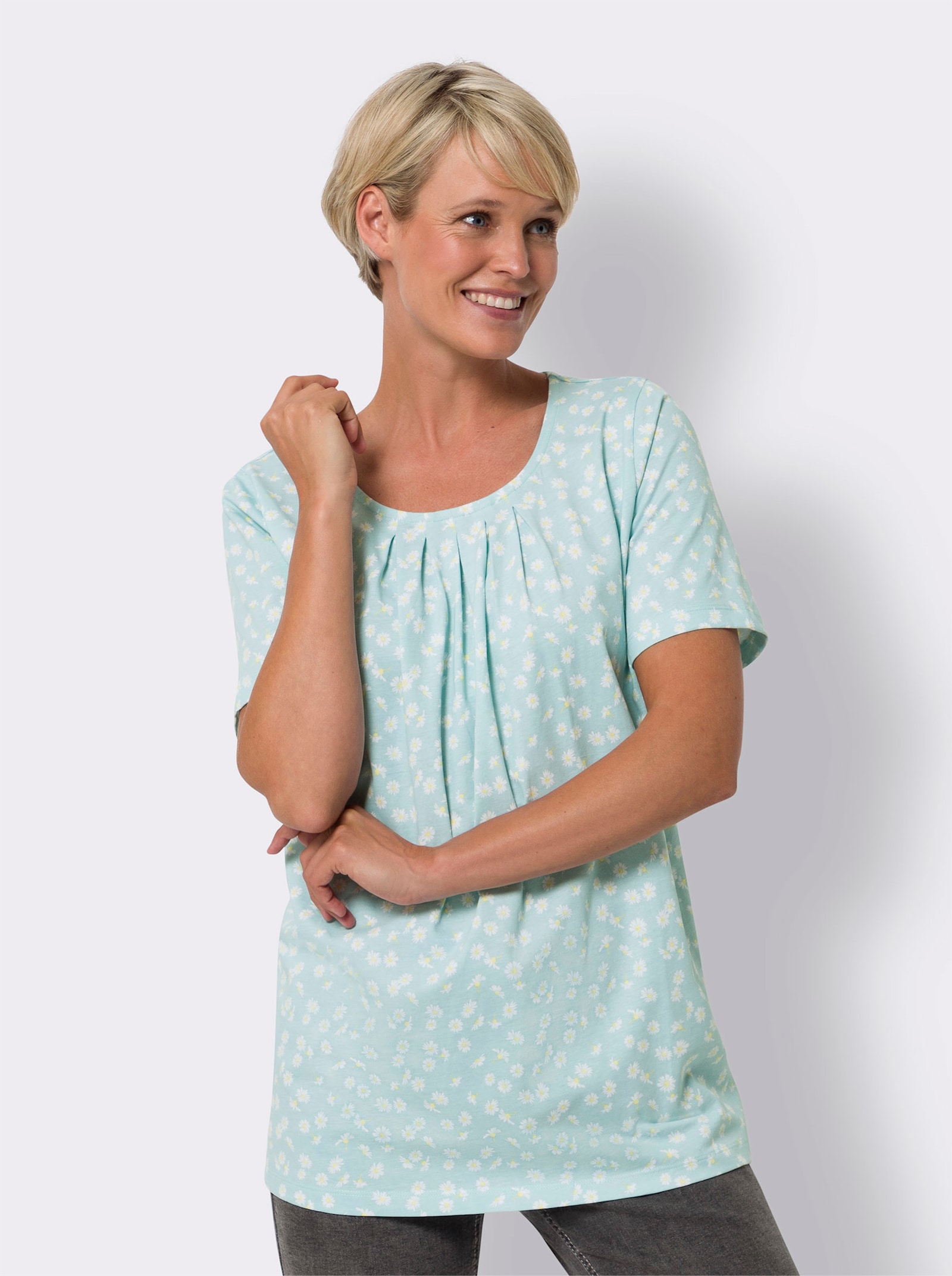 Longshirt mit floralem Druck - mint-weiß-bedruckt