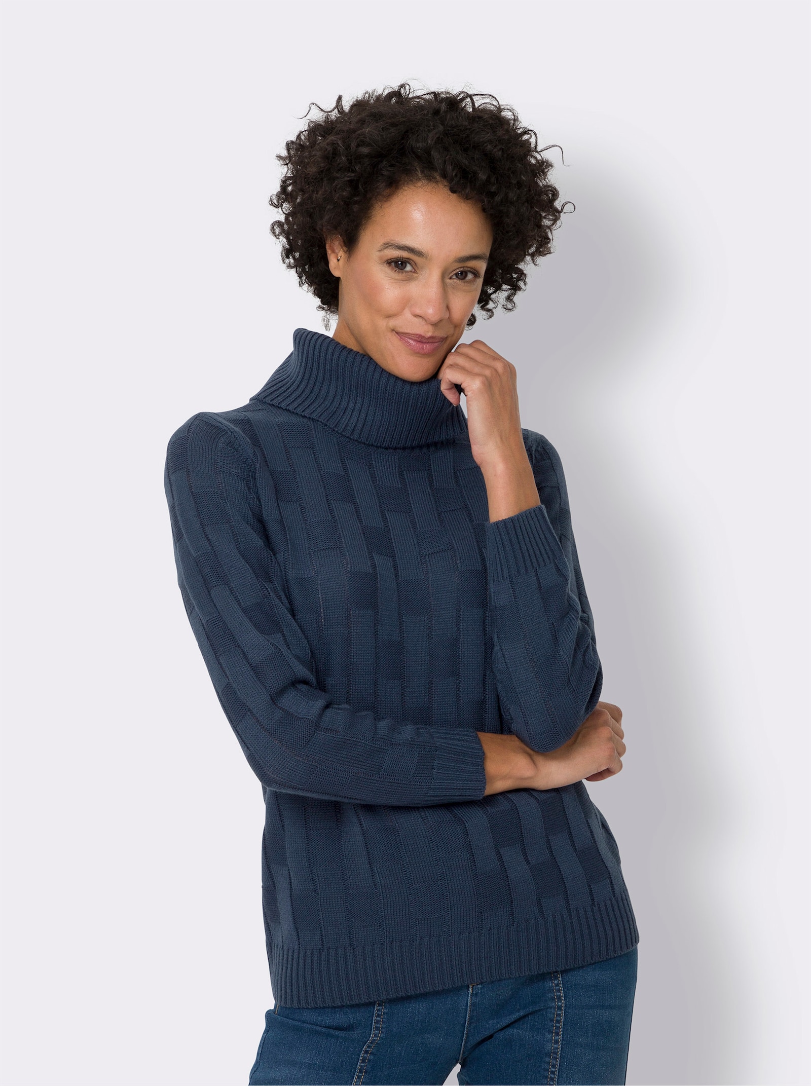 Pullover met rolkraag en ribboorden - donkerblauw