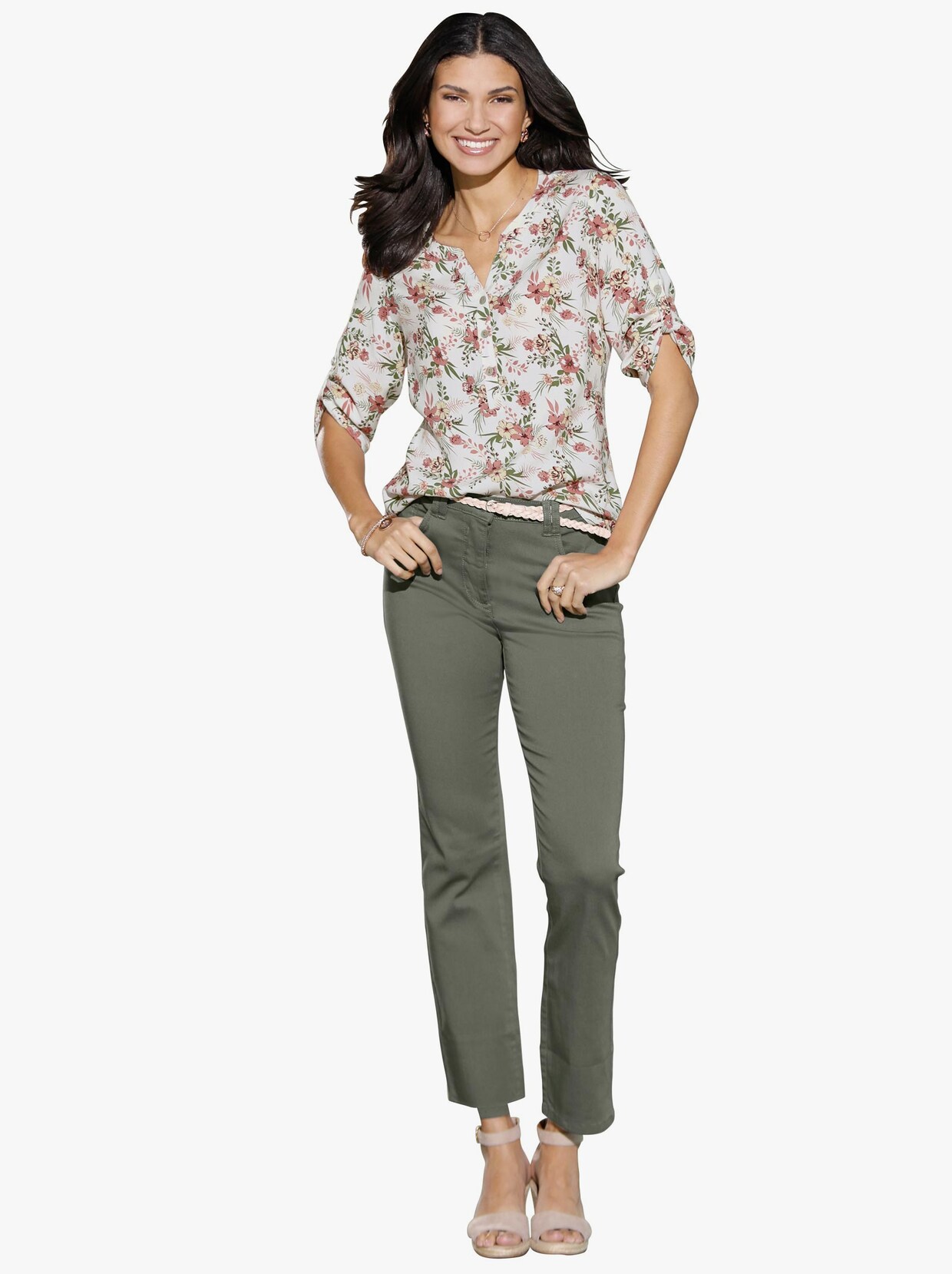 Bluse - ecru-khaki-bedruckt
