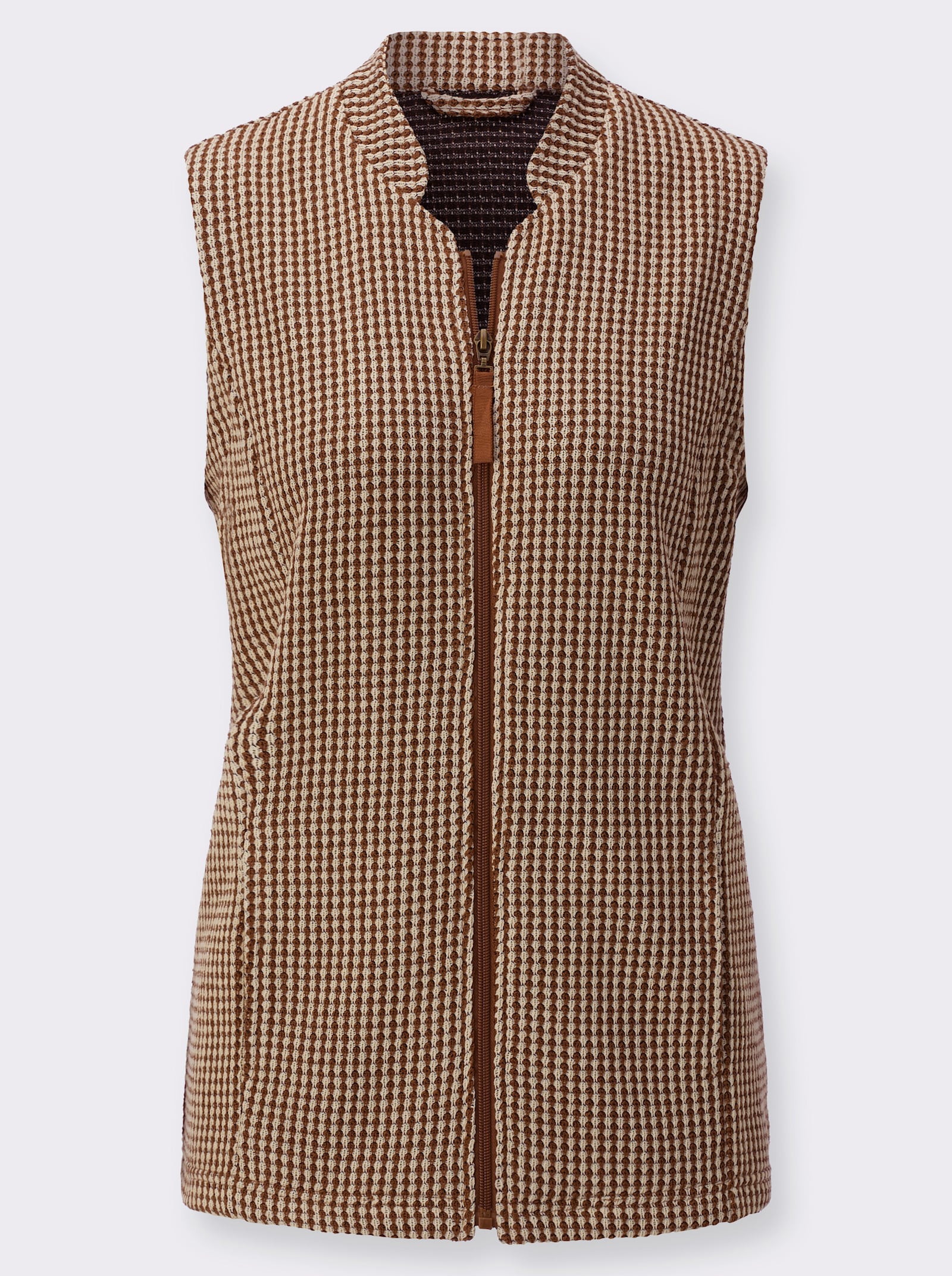 Jerseygilet met opstaande kraag - bruin/zand gedessineerd