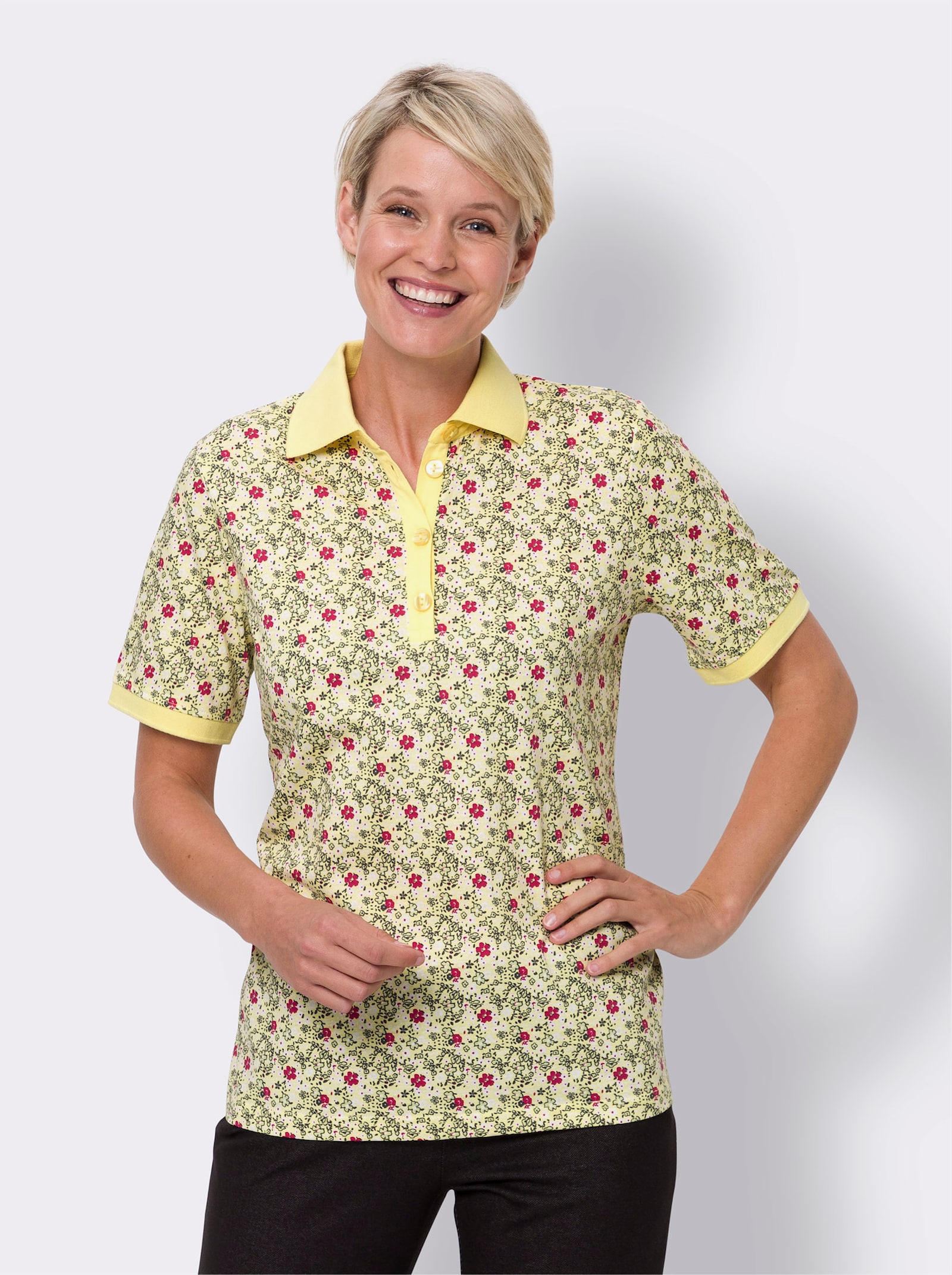 Poloshirt im Millefleurs-Dessin - zitrone-fuchsia-bedruckt