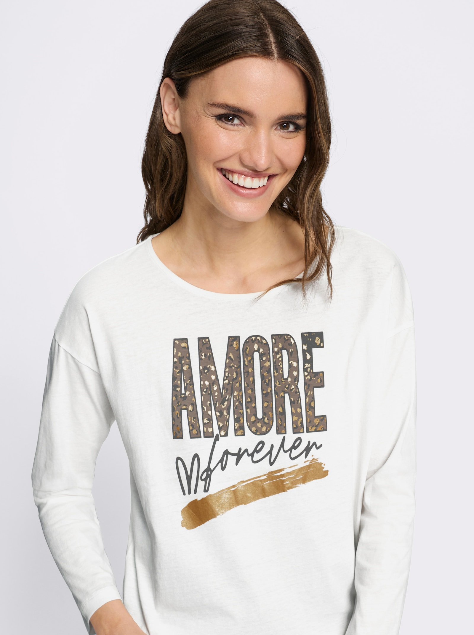 Langarmshirt mit goldfarbenem Amore-Print - ecru-taupe