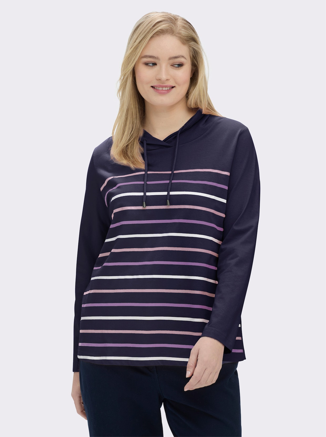 Stehkragenshirt mit Tunnelzug - marine-geringelt