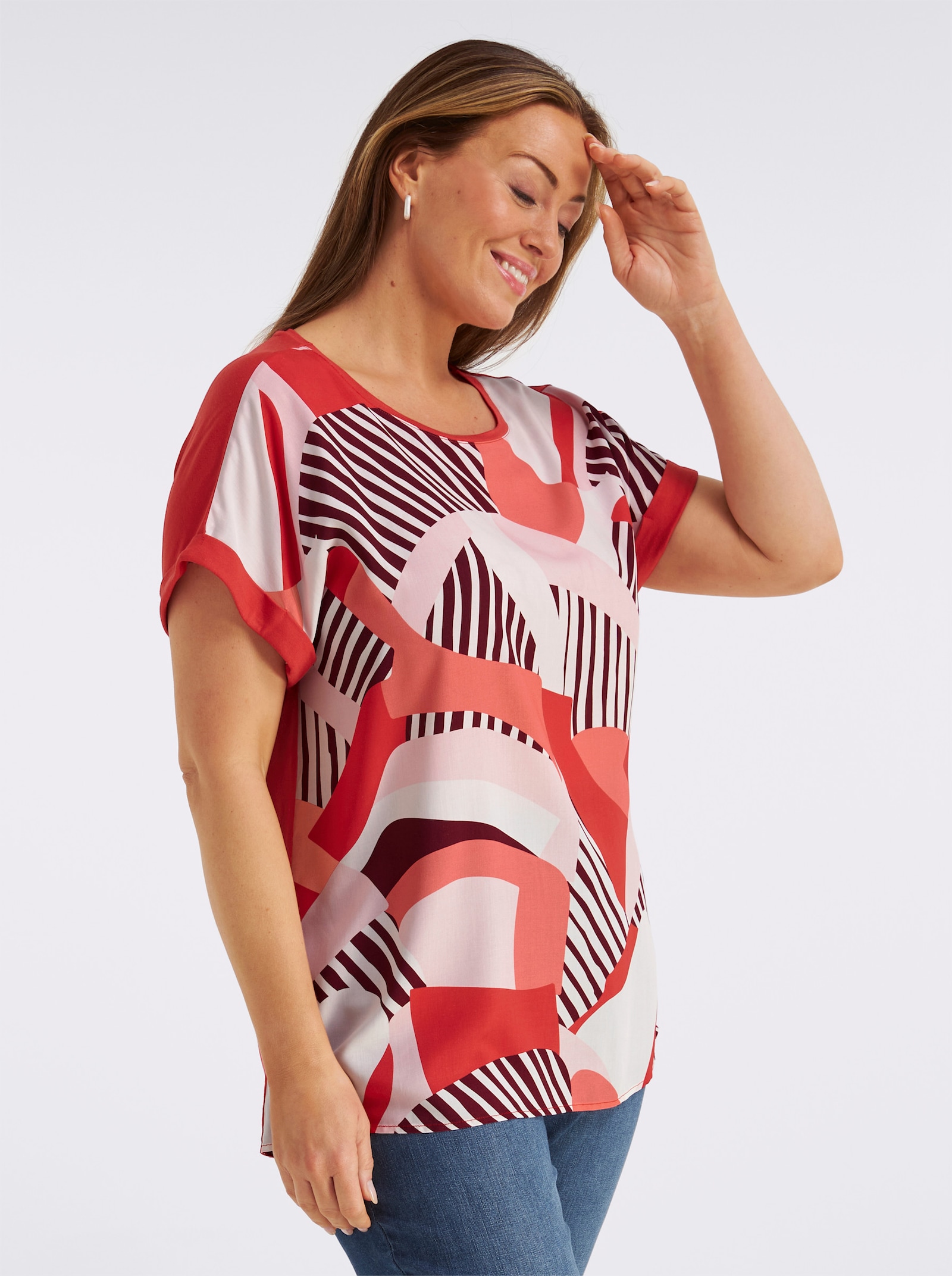 sheego Blusenshirt mit Grafikprint vorn - erdbeere-koralle-bedruckt