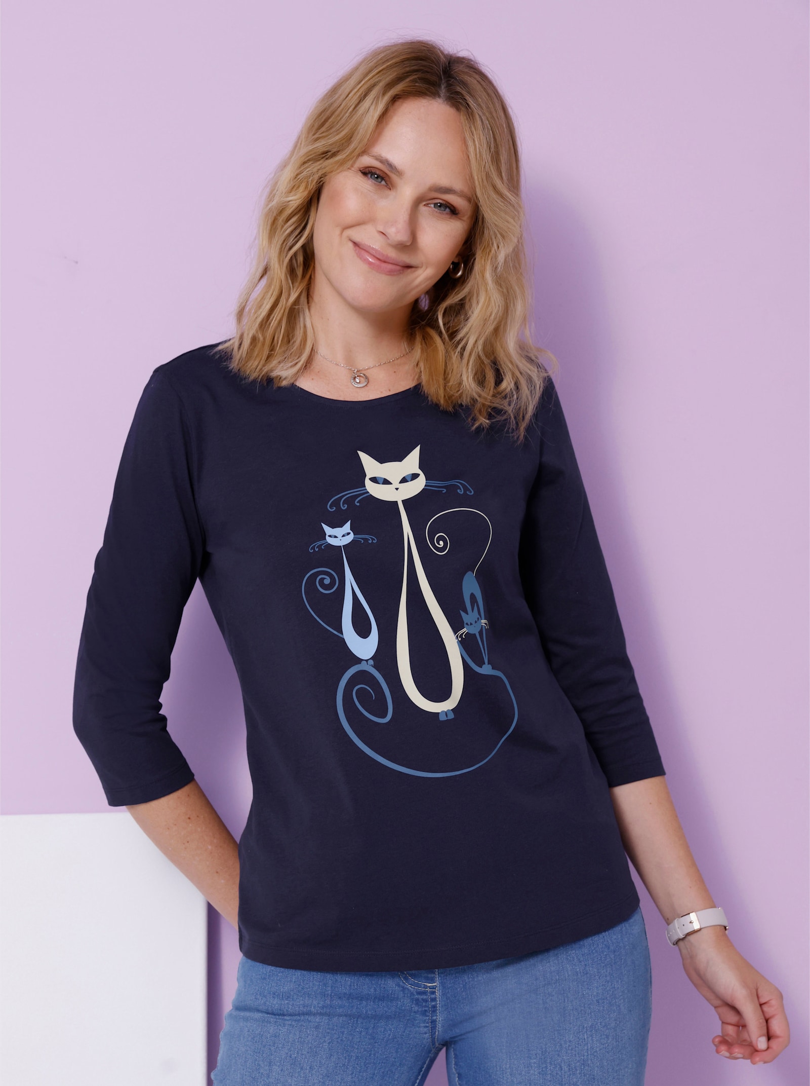 3/4-Arm-Shirt mit Katzen-Druck - marine-jeansblau-bedruckt
