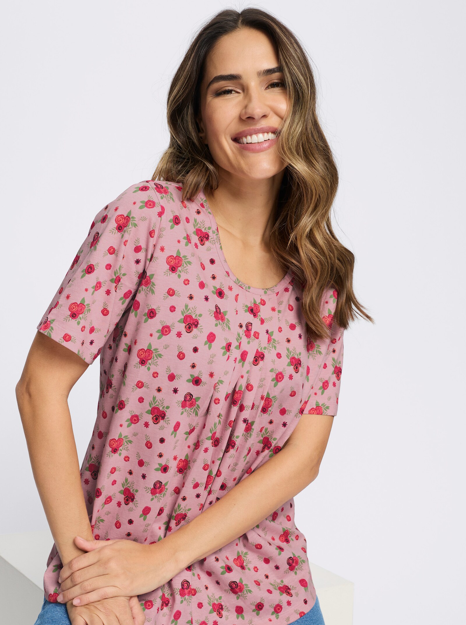 Kurzarmshirt mit Falten am Ausschnitt - hortensie-rot-bedruckt