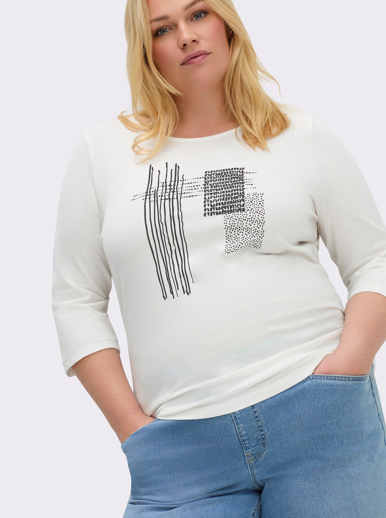 3/4-Arm-Shirt mit grafischem Druck - ecru-schwarz