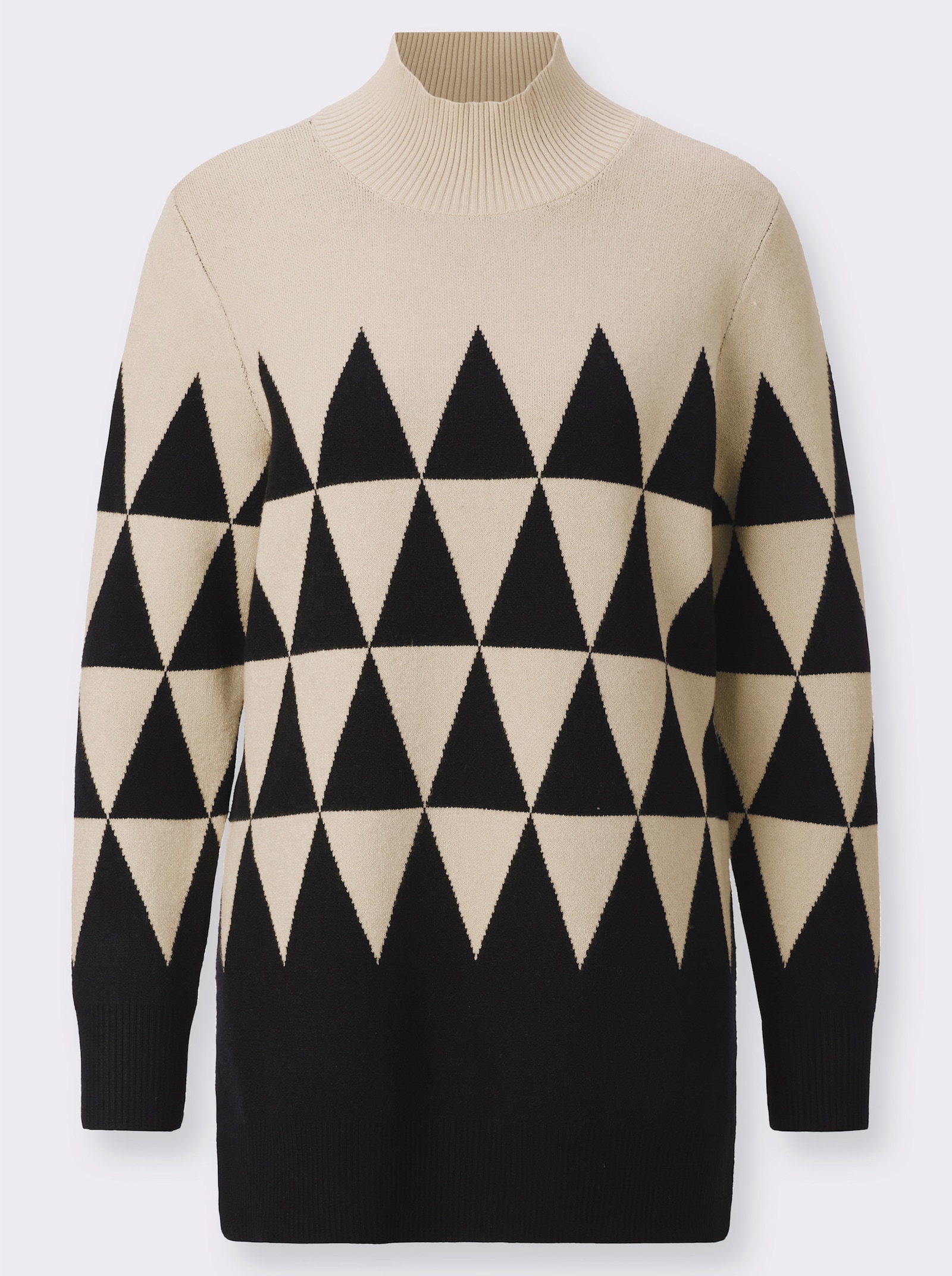 Lång tröja med grafiskt jacquardmönster - sand-svart, mönstrad