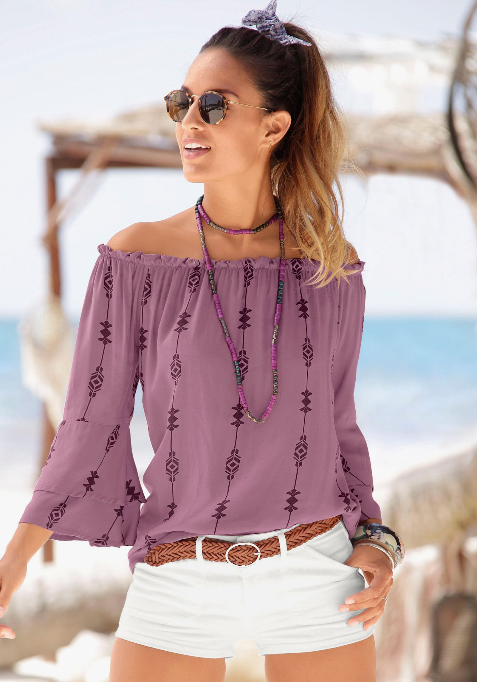 LASCANA Carmenbluse - lila-bedruckt