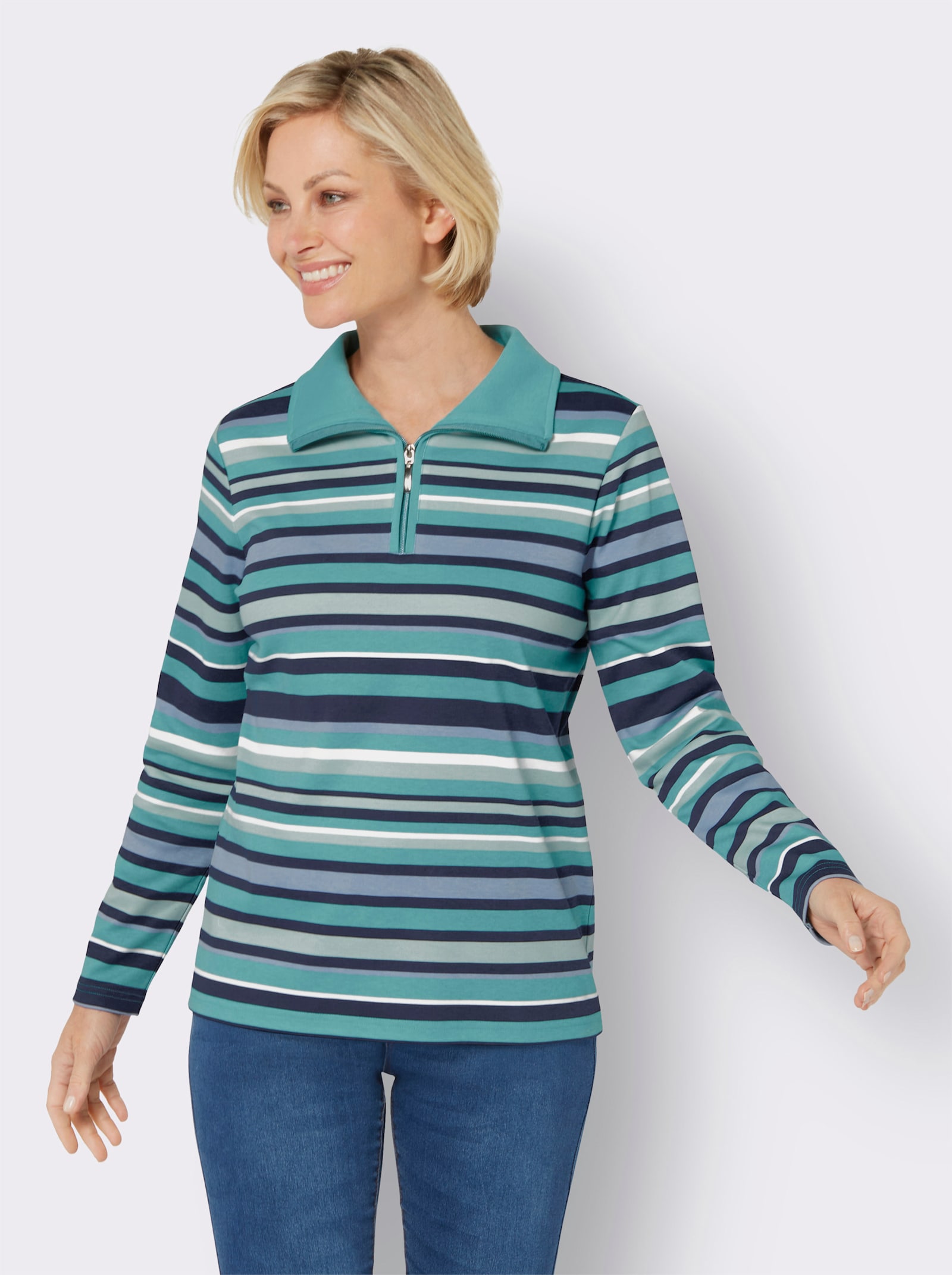 Sweatshirt mit Troyerkragen - marine-ozean-geringelt