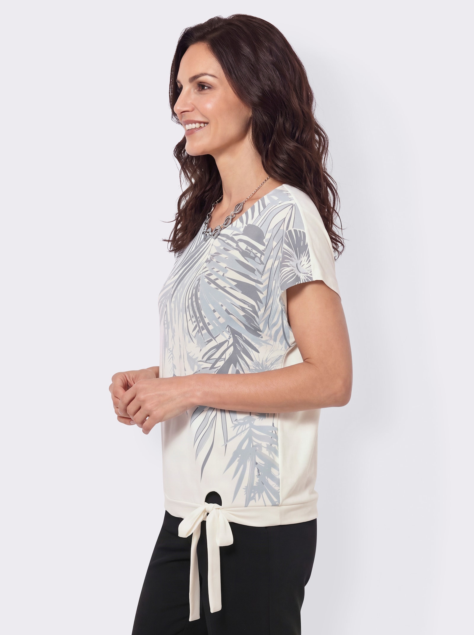 Print-Shirt mit Bindeband - eisblau-ecru