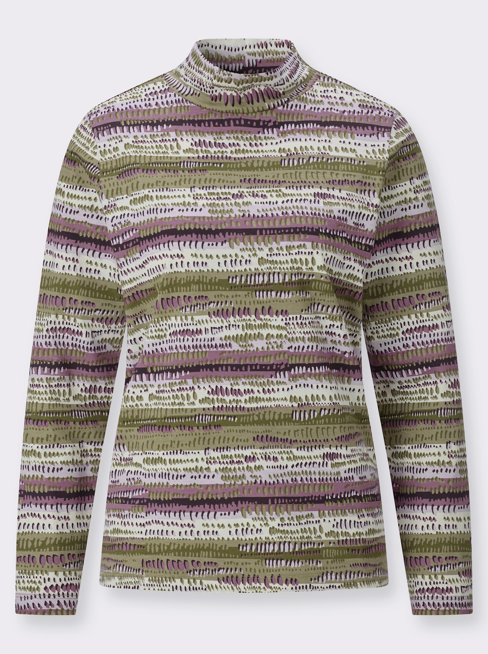 Stehkragenshirt mit farbharmonischen Streifen - oliv-aubergine-bedruckt