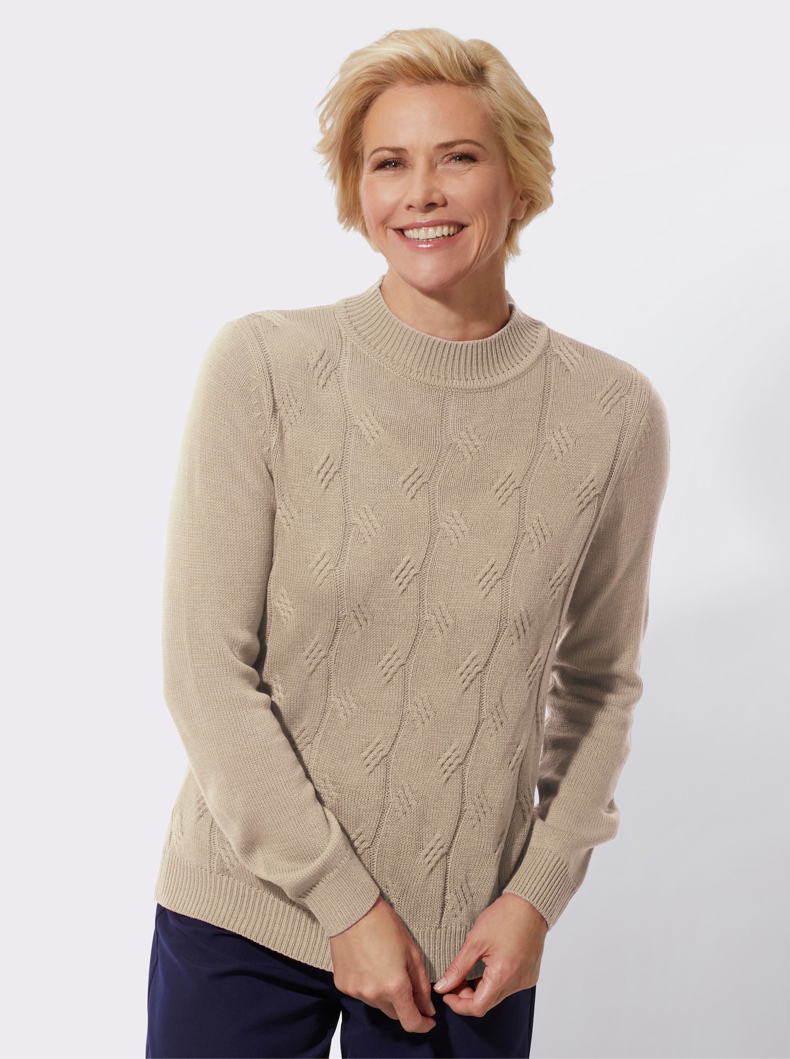 Stehkragenpullover mit Zopfmuster - sesam