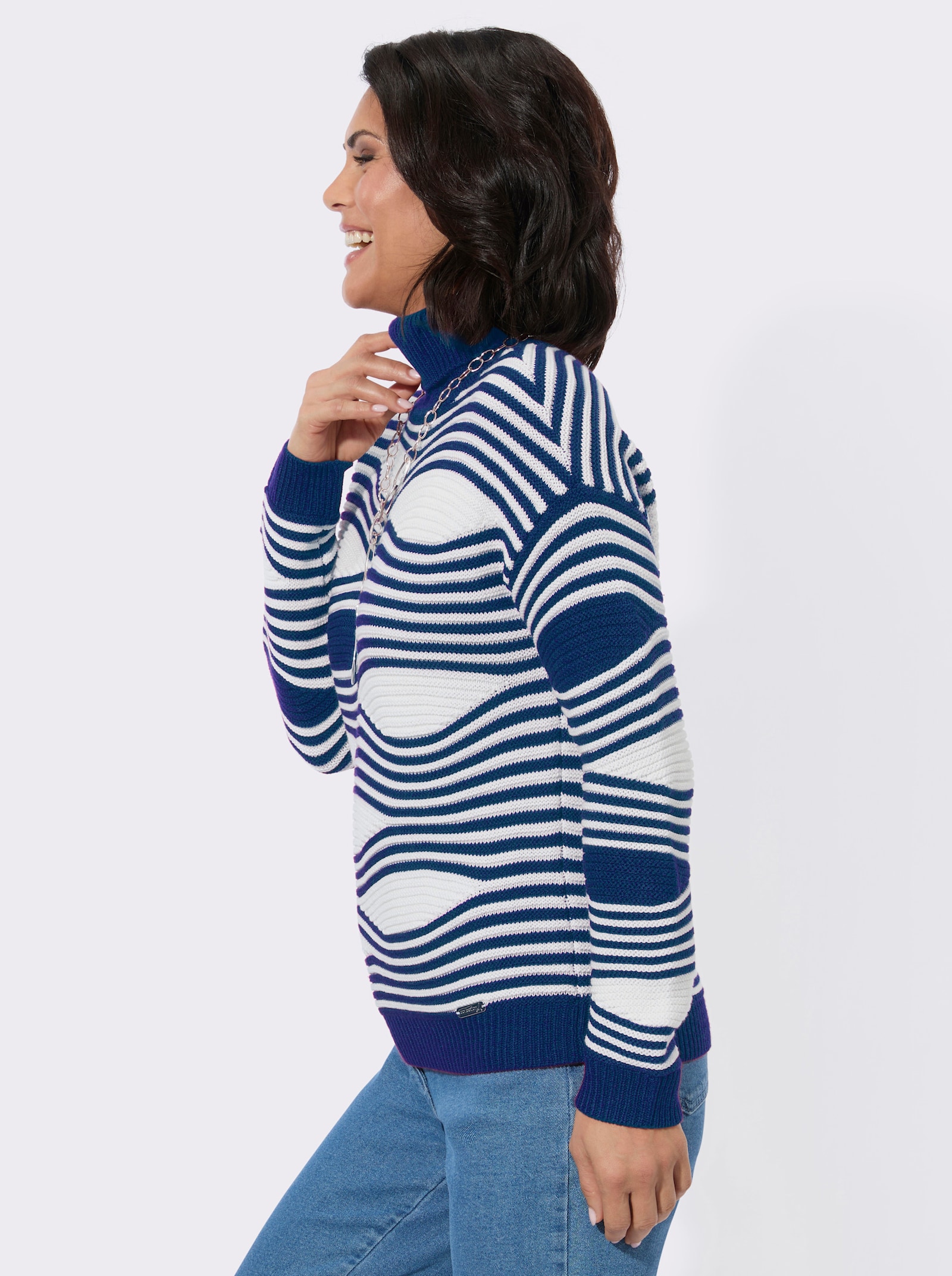 Rollkragenpullover mit Intarsienmuster - royalblau-ecru-gemustert