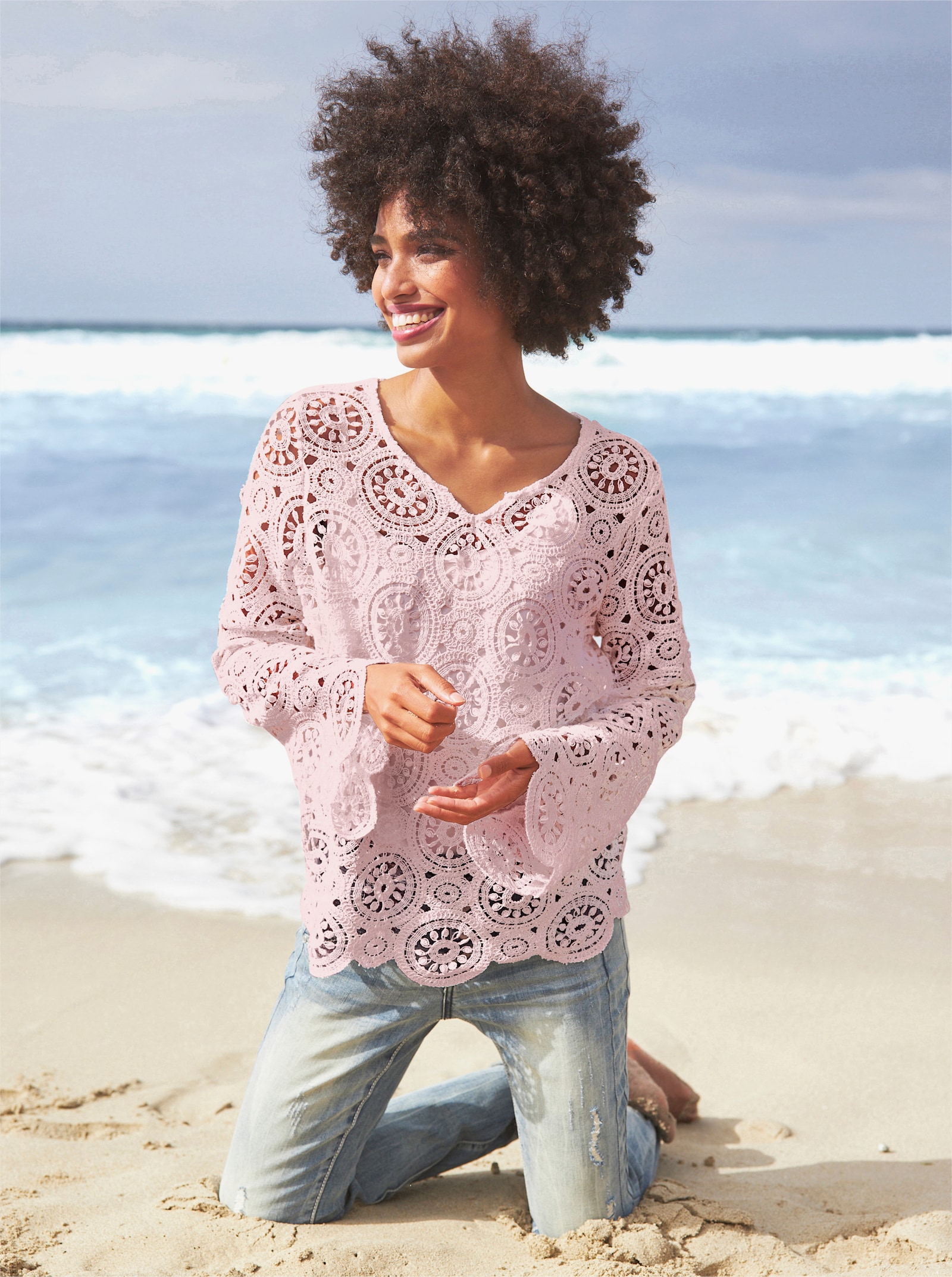 heine Langarmshirt aus Makramee-Spitze - hellrosé