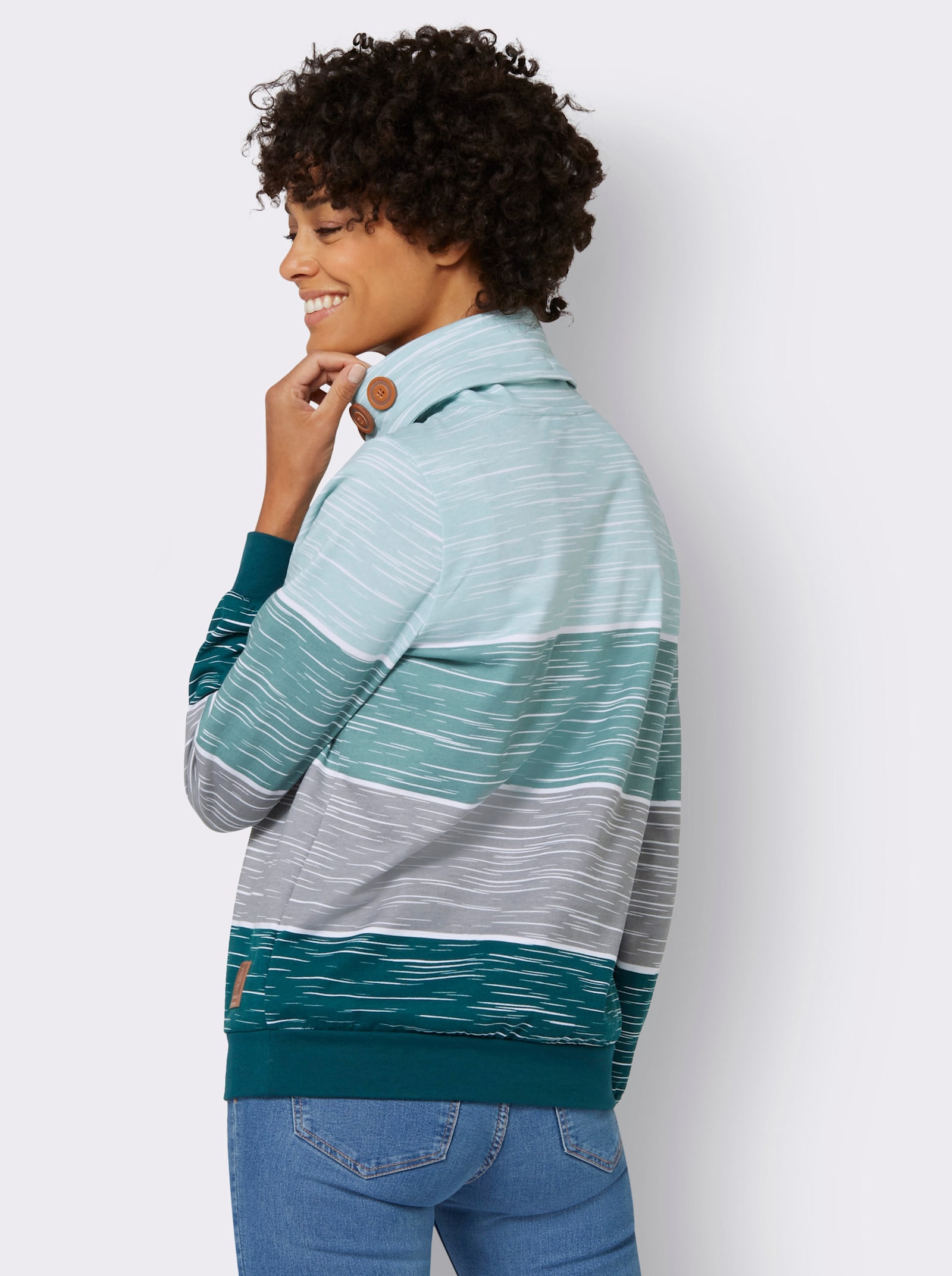 Sweatshirt met sierknopen op de kraag - petrol/kalkmint bedrukt
