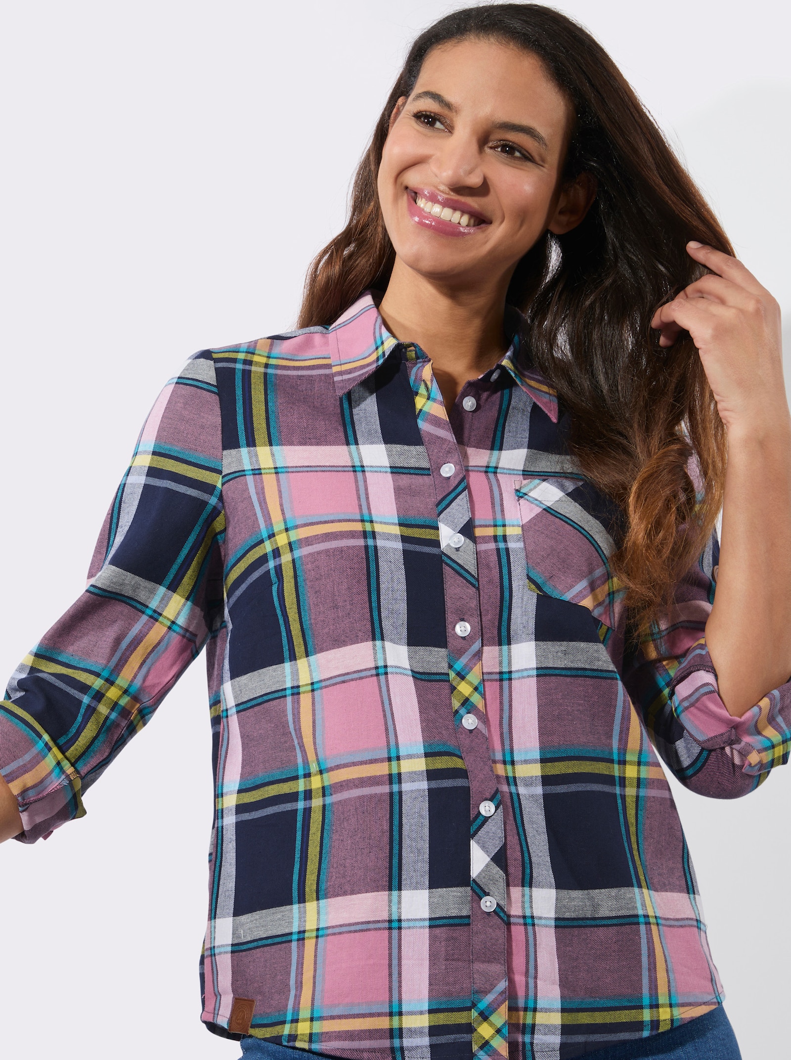 Flanellbluse mit Karomuster - marine-altrosa-kariert