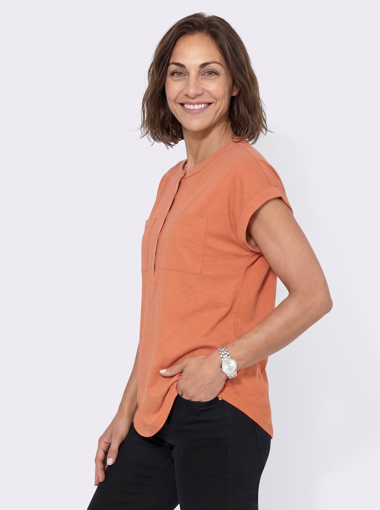 Kurzarmshirt mit Ärmelaufschlägen - papaya