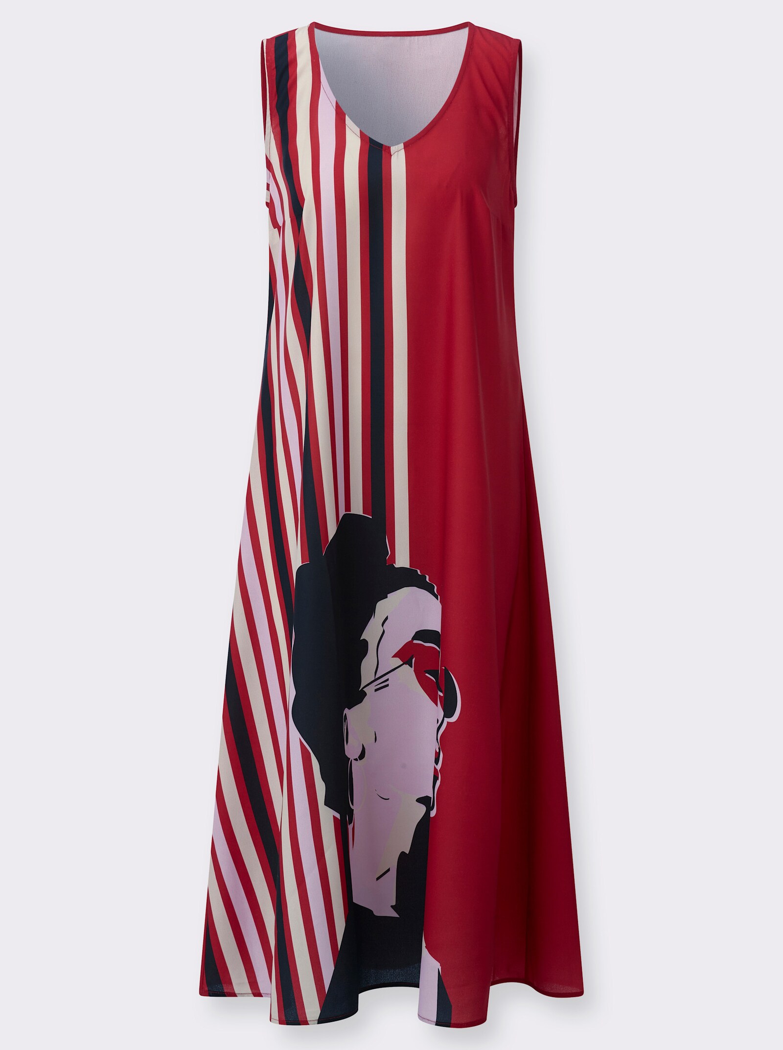 Druckkleid in ausgestellter A-Form - rot-rosé-bedruckt