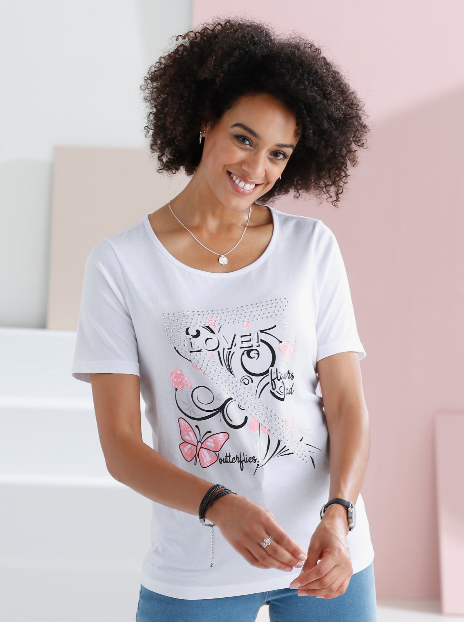 T-Shirt mit Schmetterlings-Druck - weiß