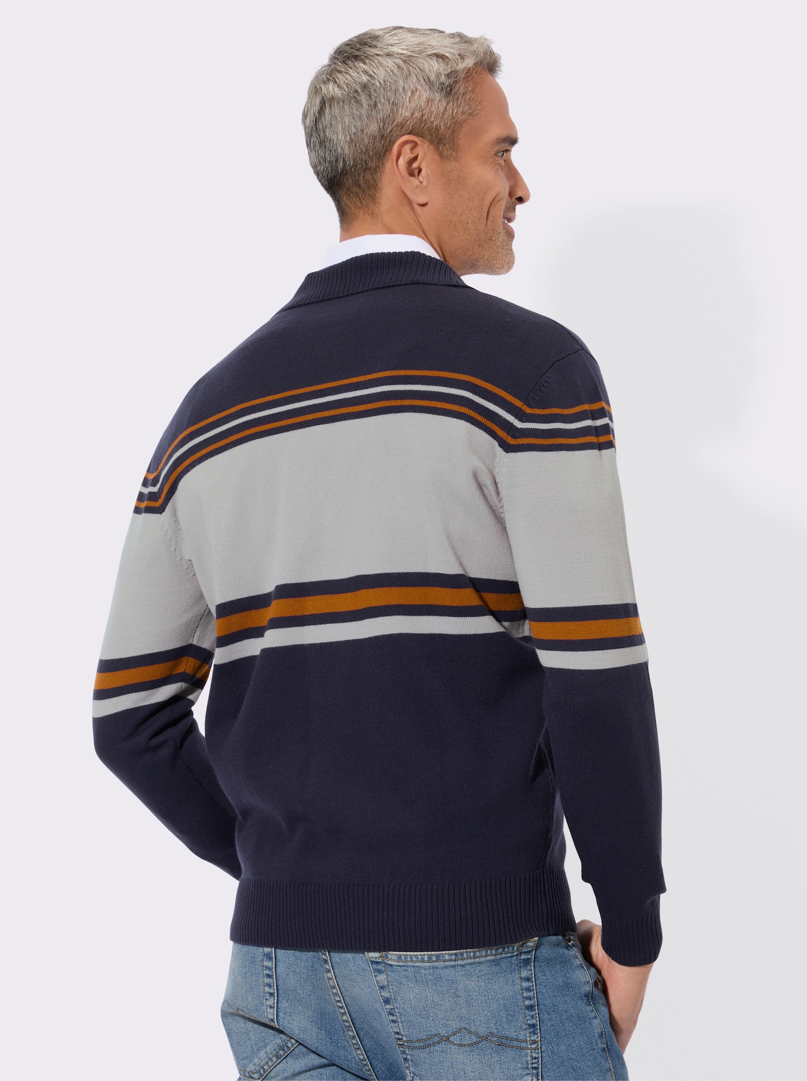Polopullover met op dessin geplaatst streeppatroon - marine/steengrijs