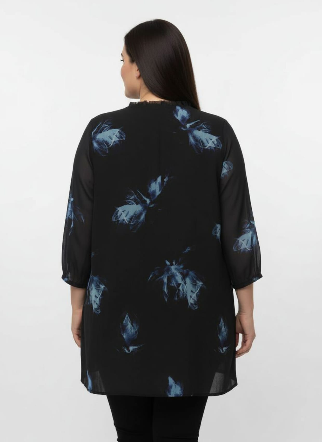 Tunika mit Rüschen am Ausschnitt - schwarz-aquamarin-bedruckt
