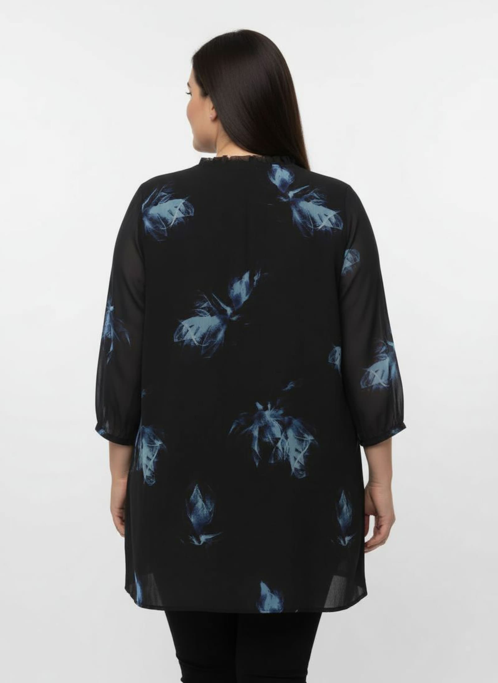 Tunika mit Rüschen am Ausschnitt - schwarz-aquamarin-bedruckt