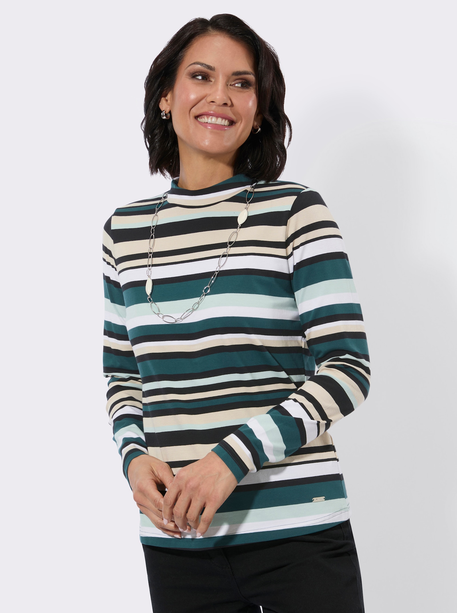 Stehkragenshirt im Ringel-Dessin - petrol-kalkmint-geringelt